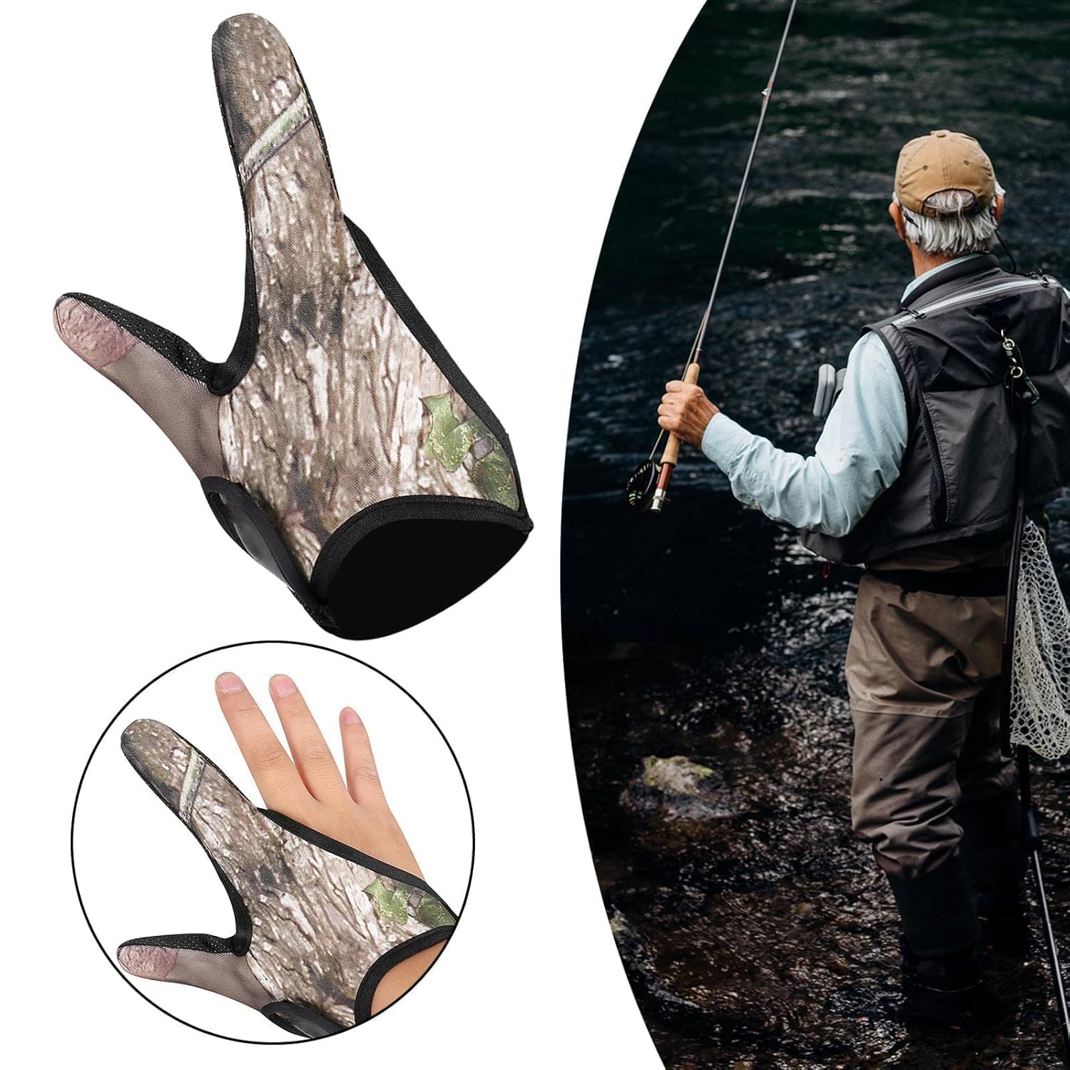 Creations Fishing Gloves Casting Two Finger Stall Elastic Waist Band Unisex Camo(Left Hand)