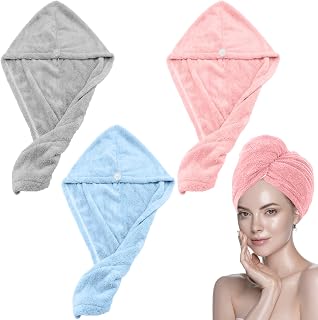 Scettar 3 toallas de microfibra para el cabello, turbante secador con botón, turbante para el pelo, suave, súper absorbente, secado rápido para cabello corto y largo (gris, rosa, azul)