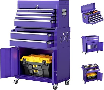 8-Drawer Rolling Tool Chest - Heavy-Duty Steel Tool Cabinet with Detachable Top Box, Locking Wheels & Security System for Garage/Workshop, 2-in-1 Design,Purple