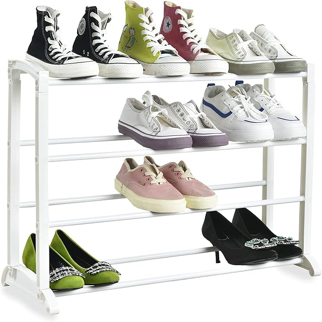 Nyxi 4 Tier Shoe Rack Extendable & Stackable, Quick Assembly No Tools Required - Holds 12 Pairs - (L) 65cm x (W) 16.5cm x (H) 50cm (White)