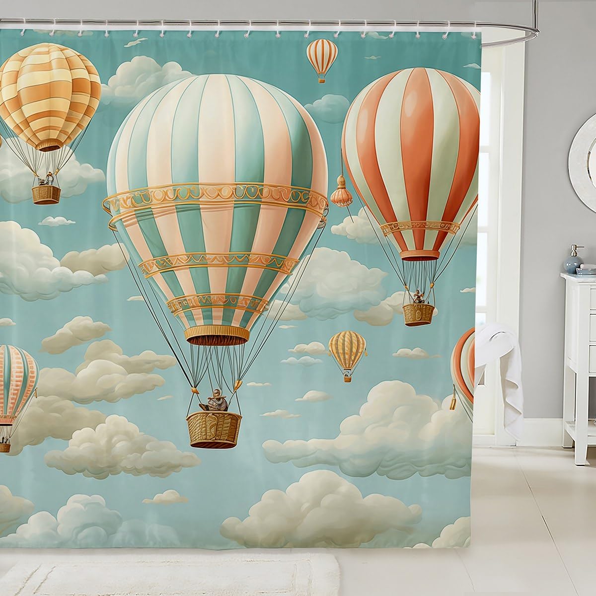 Feelyou Colorful Hot Air Balloon Bathroom Waterproof Accessories with 12 Hooks Hot Air Balloon Shower Curtain for Kids Boys Girls Blue Sky Fabric