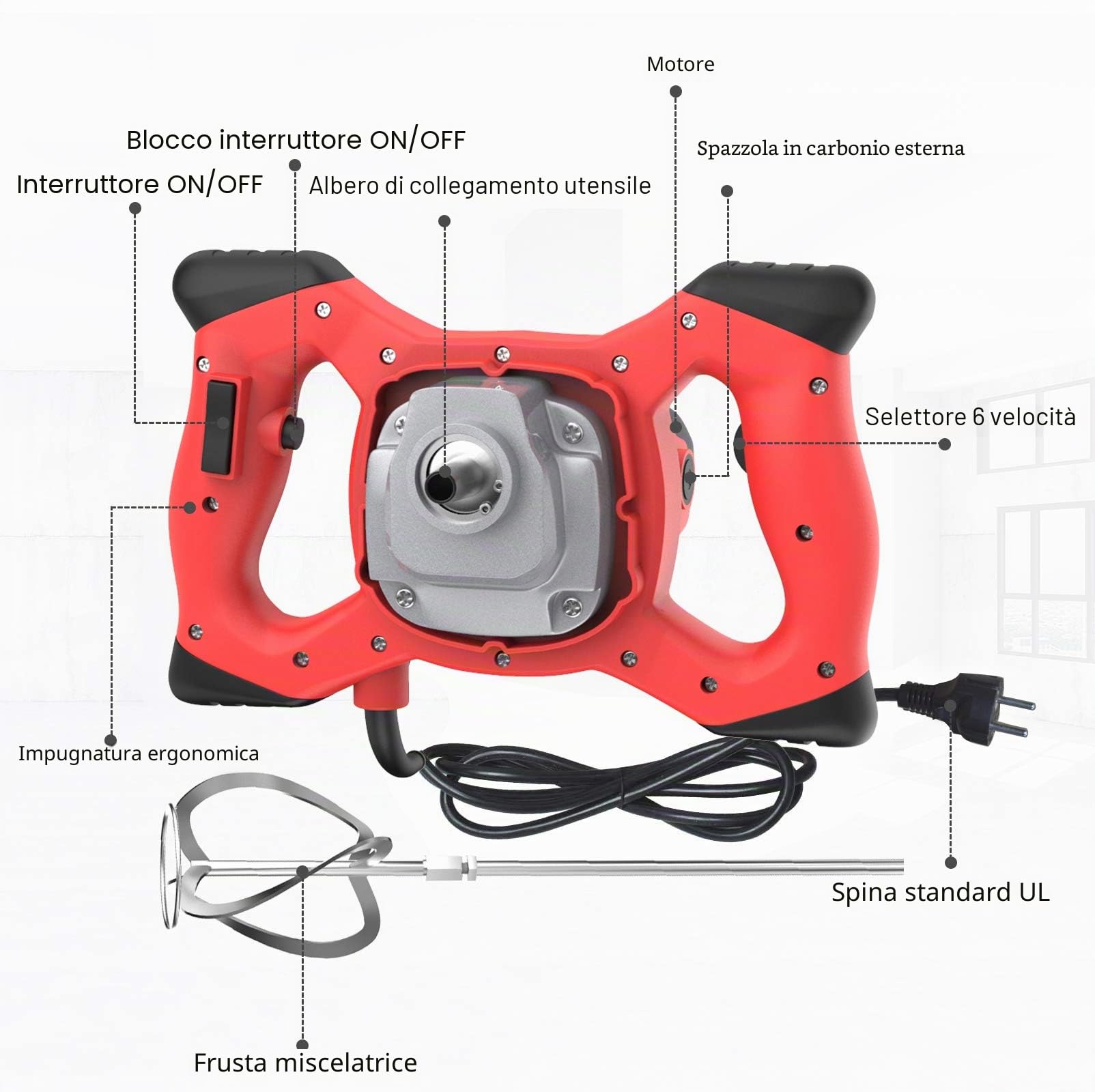IMAYCC Mescolatore per Malta, 2100W, 270–930 Giri/Min, 6 Marce, Miscelatore per Calcestruzzo, 220 V, M14, Agitatore Manuale per Mangime, Gesso.