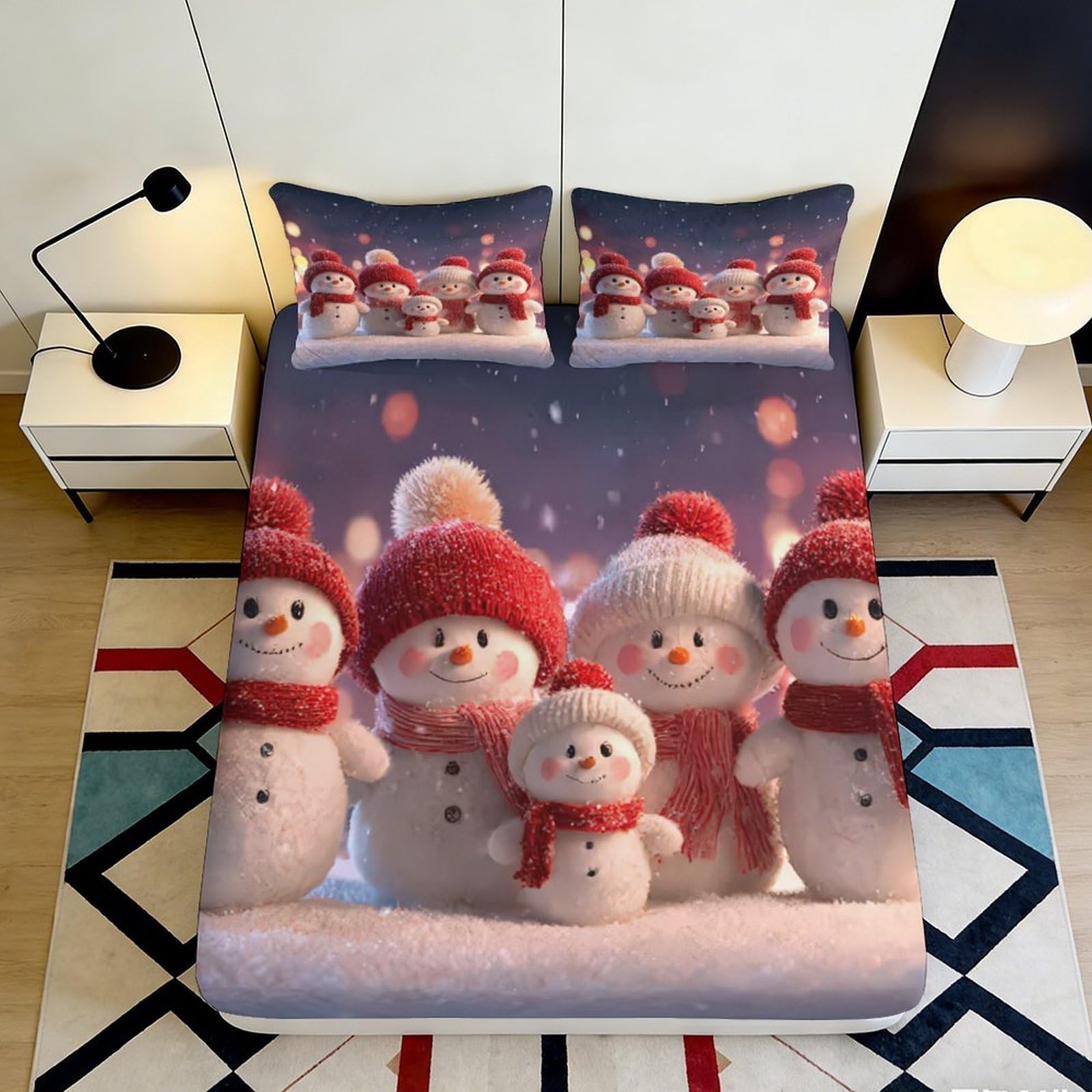 3D Printed Snowman Family Fitted Sheet Microfiber Soft Warm Winter Bed Cover for Bedroom Guest Room Dormitory Mattress Protection Decor 160x200x25cm