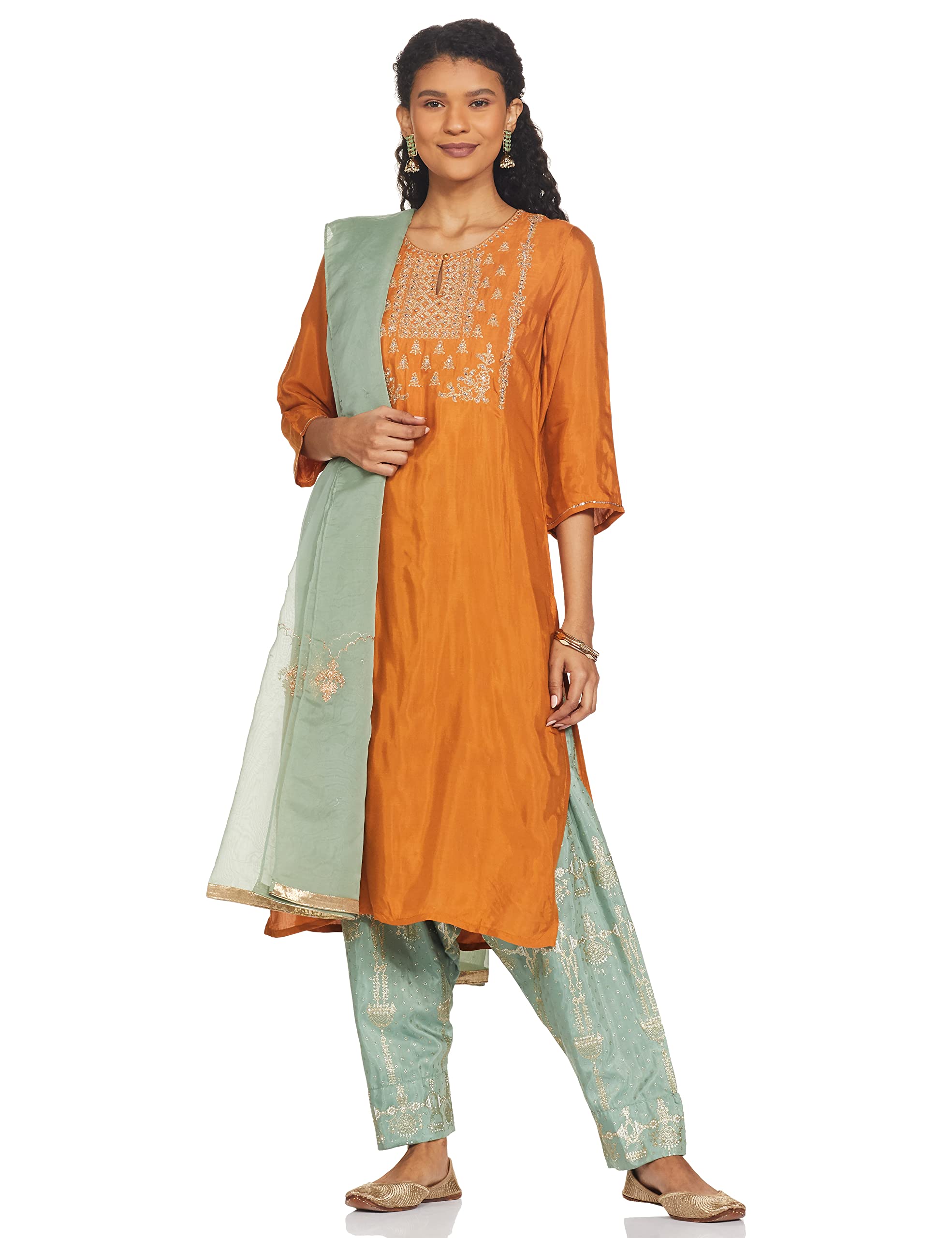 WishfulBy W womens Rust Orange Embroidered Straight Kurta-Sharara-Dupatta Set, Orange, S