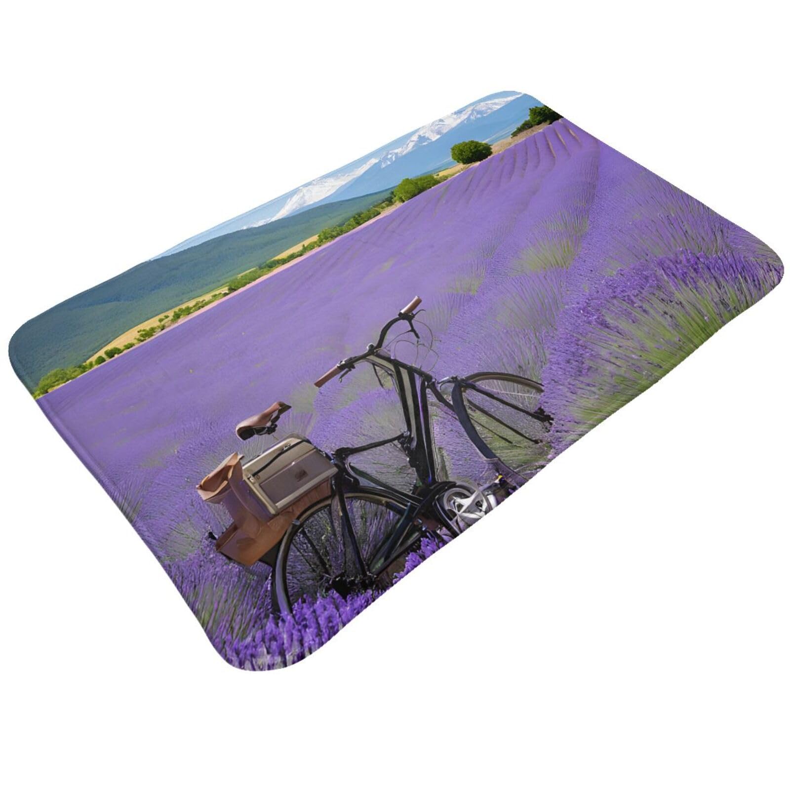 Lavender Field Retro Bike Agriculture Print Living Room Bathroom Kitchen Anti Slip and Absorbent Carpet, Indoor Entrance Door Muddy Floor Mat, Ultra Soft Washable Carpet 21x31.5 Inches