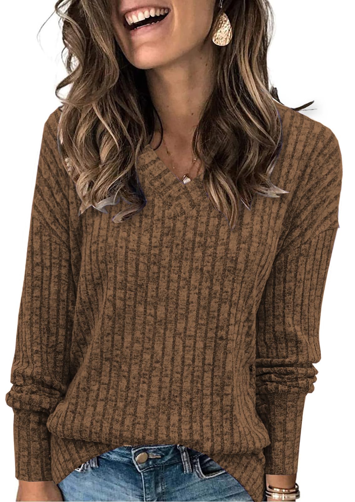 Famulily Pullover für Damen V-Ausschnitt Langarmshirt Leichter Strickpullover Oberteil mit Seitliche Schlitze