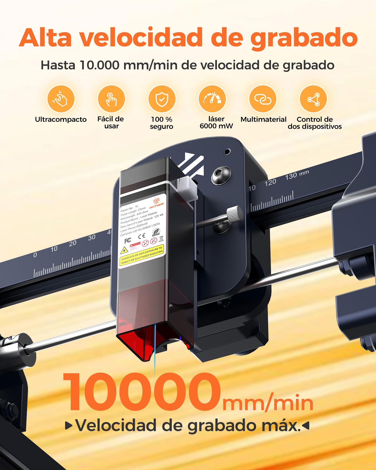 Grabadora Laser Acmer T1 6W Grabador Láser,Maquina Laser De Potencia De Salida 48W, 130x130mm,10000mm/Min, Grabador LáSer Metal De Madera, Cuero, Vidrio, AcríLico, Metales Blandos No Requiere Montaje