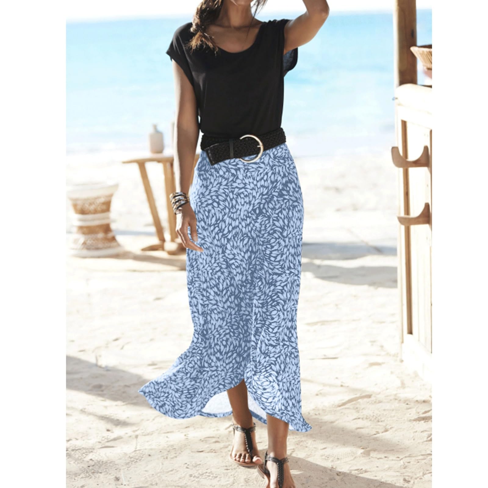 DUddTTW Fishtail Women's Midi Skirt Floral Elastic Waisted Swing Skirt Ankle Length Skirts Midi Length Flowy Skirt Maxi Skirts Vacation(Royalblue,Lagre)
