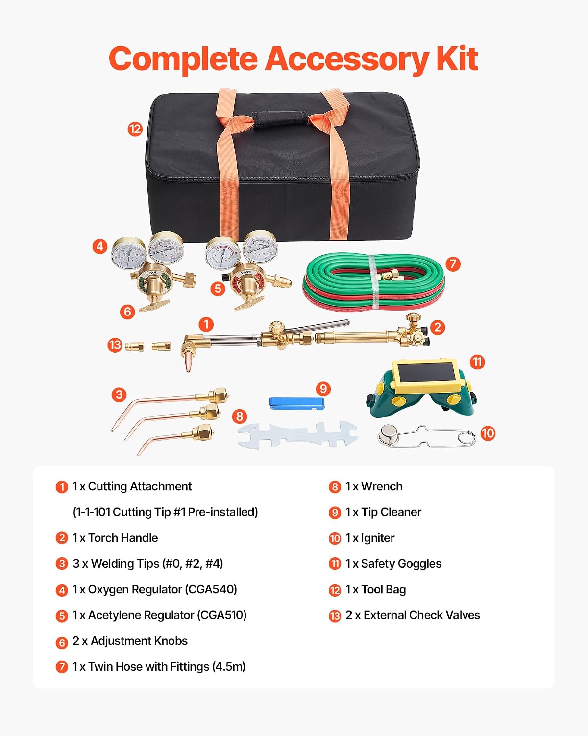 VEVOR Oxygen Acetylene Torch Kit with Check Valves, Gas Welding Cutting Torch Kit, Heavy Duty Oxy Acetylene Brazing Set with 15FT Twin-Hose, 1 Cutting Tip, 3 Welding Tips, 2 Gas Regulators & Tool Bag image 5