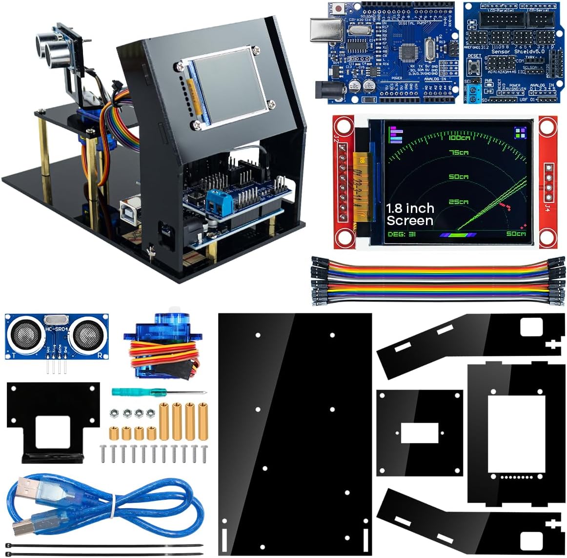 LAFVIN Simulation Ultrasonic Radar Sensor Module DIY Kit 180-Degree Scanning Detector Compatible with Arduino IDE