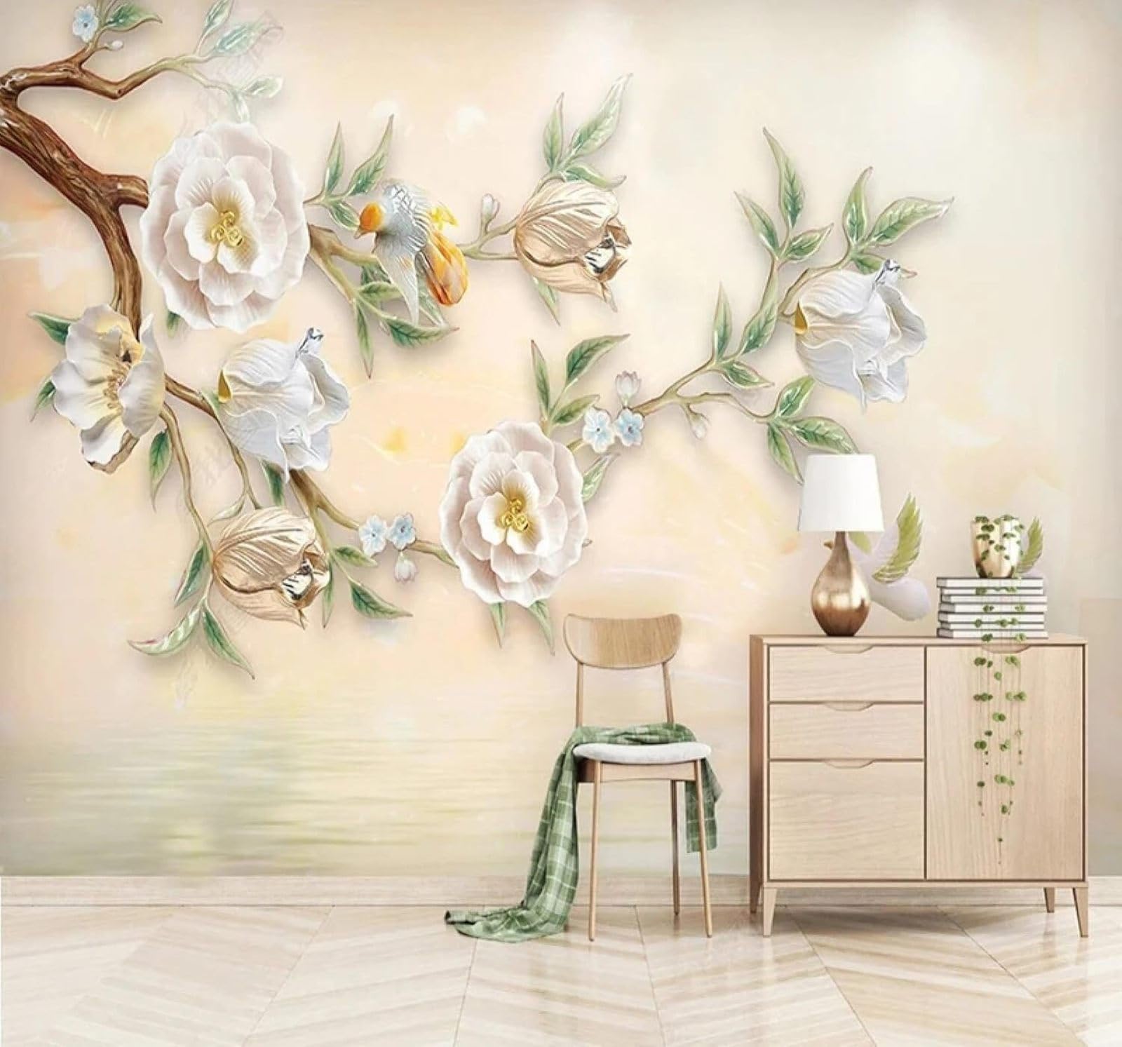 XLMING Relief Minimalist Exquisite Magnolia Birds 3D Wallpaper Luxury Silk Study Dining Feature Sofa Grey Bedroom Living Room Tv Decorative Wall-350cm×256cm