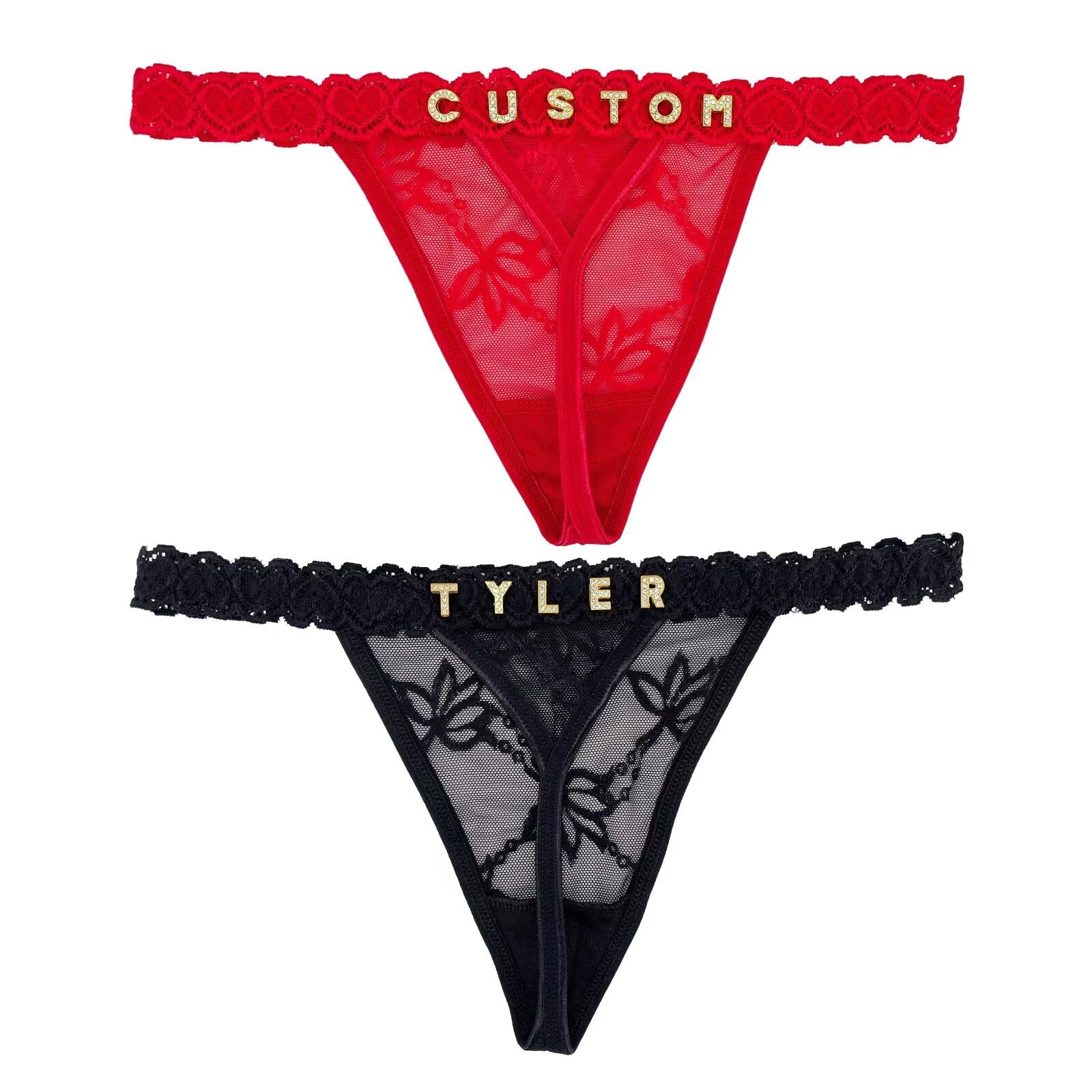 TYUEISP 2-Pack Custom Thongs With Name on It Personalized Name Panties Hand-Sewn Rhinestone Underwear for Women Valentines Day