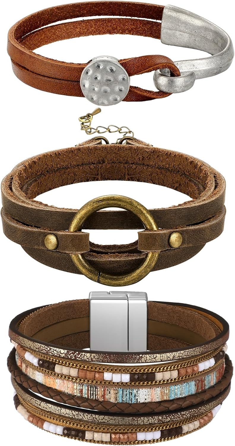 Inbagi 3 Pcs Bohemian Bracelet for Women Girls Faux Leather Cuff Bracelet Multi Layer Western Jewelry Crystal Wristbands Brown Stylish