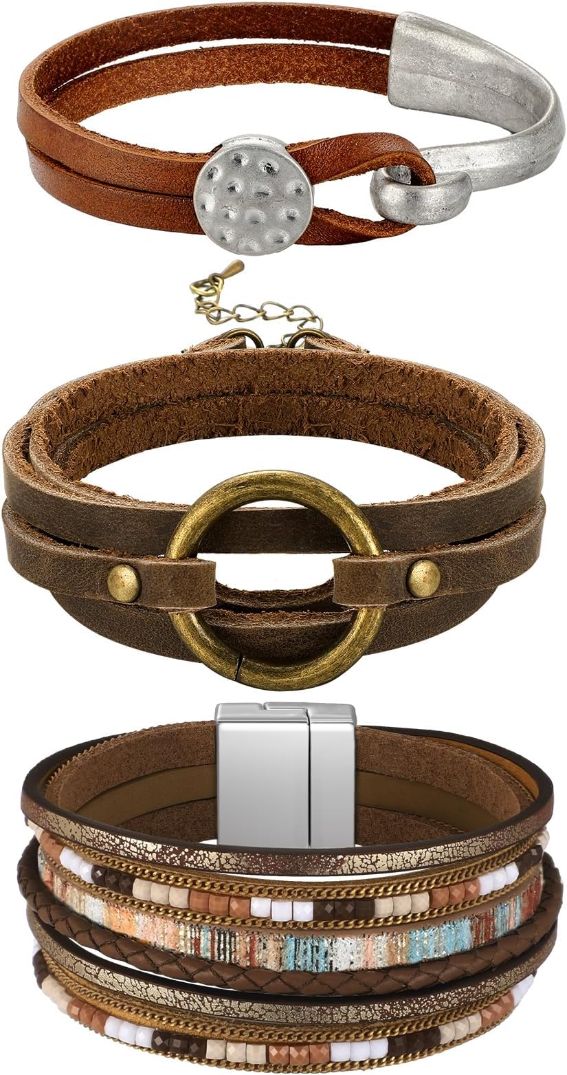 Inbagi 3 Pcs Western Jewelry for Women Bohemian Leather Bracelets for Women Faux Leather Multi Layered Wrap Bracelets Wristbands Cuff Boho Splicing Bangle Mens
