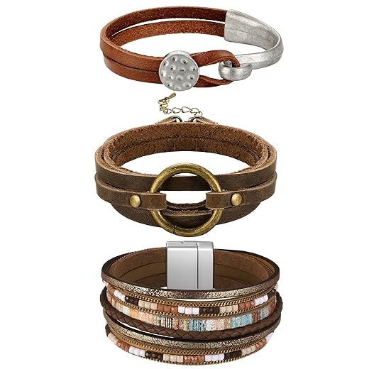 Inbagi 3 Pcs Bohemian Faux Leather Multi Layered Wrap Bracelets Circle Bracelet Boho Wristbands Cuff Bracelet Splicing Bangle Bracelet Western Jewelry for Women Mens
