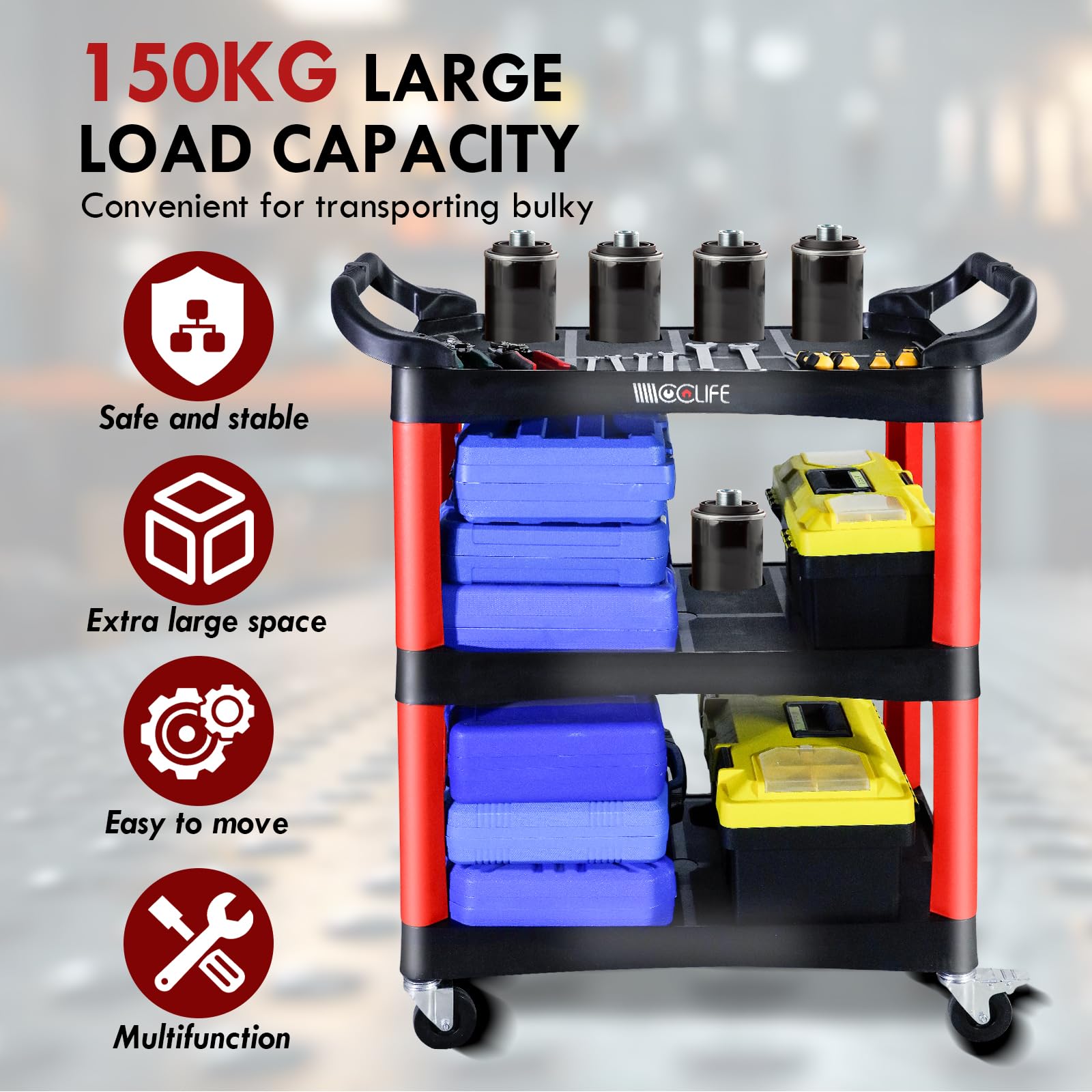 CCLIFE Carro de Taller con 3 Estantes Carro de Herramientas con Compartimentos MAX.150 kg
