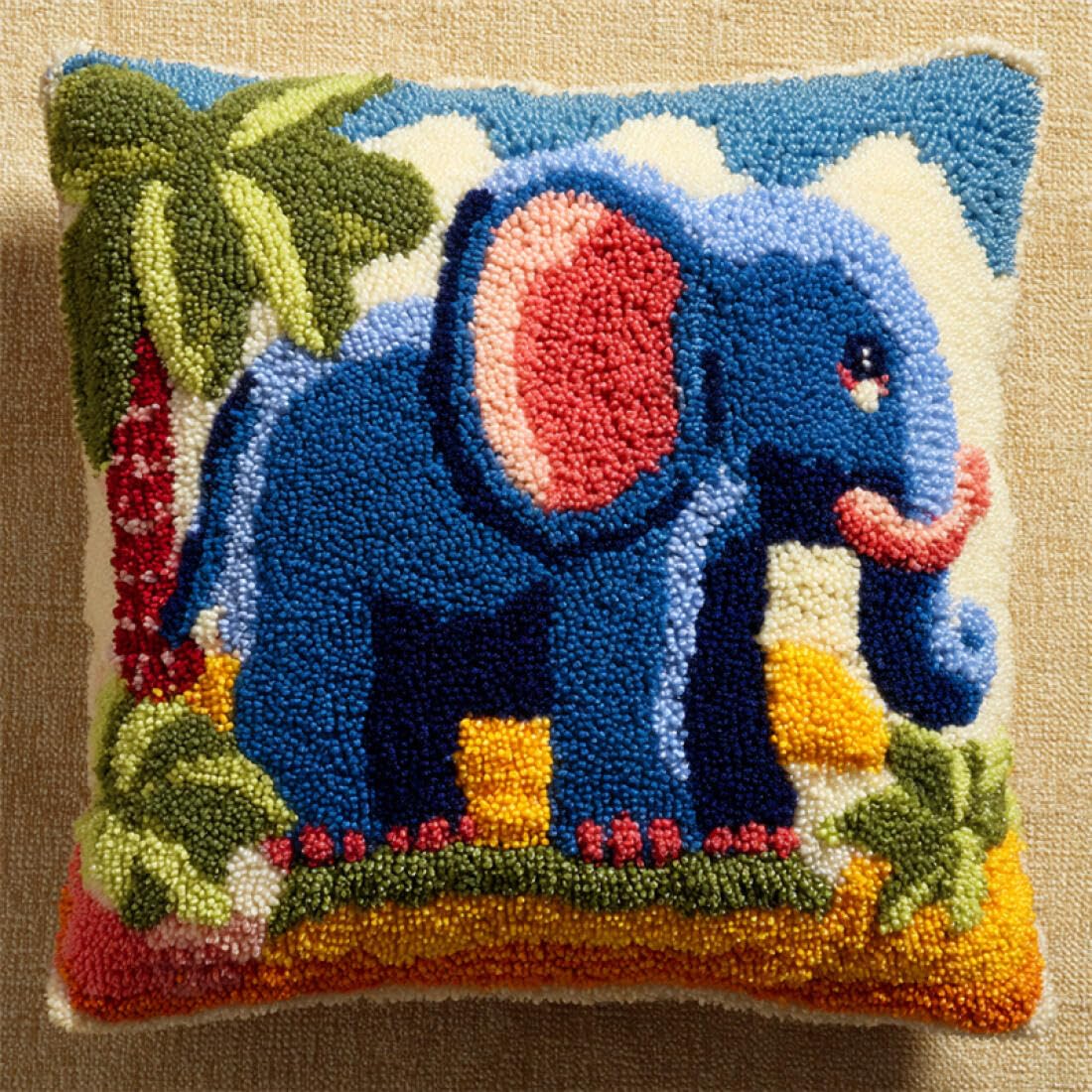 Kitquiver Animal DIY Latch Hook Kit Cartoon Elephant Cushion Pillow Front Chunky Cross Stitch Kits DIY Embroidery Needlepoint Kit for Home Décor 17x17In