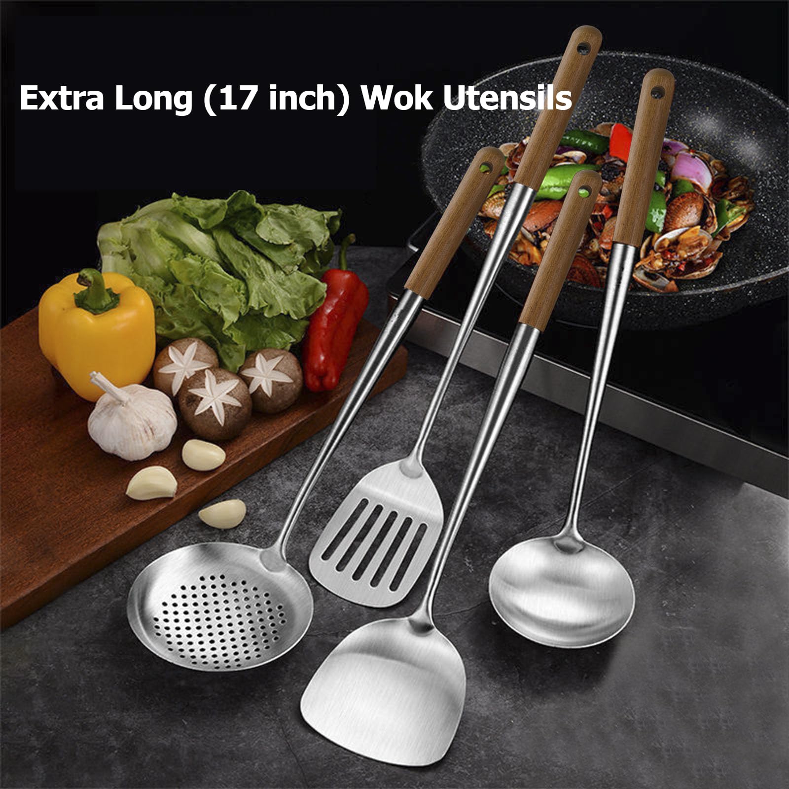 Juego de utensilios de cocina de acero inoxidable, juego de utensilios de cocina de 4 piezas de 17 pulgadas de largo, utensilios de wok de mango de madera con Skimmer, espátula de wok,