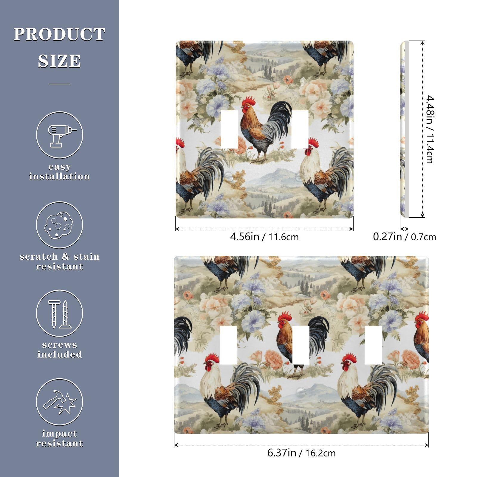 Light Switch Cover Farm Rooster Rural Flower Wall Plates for Electrical Outlets 3 Gang 202a8497