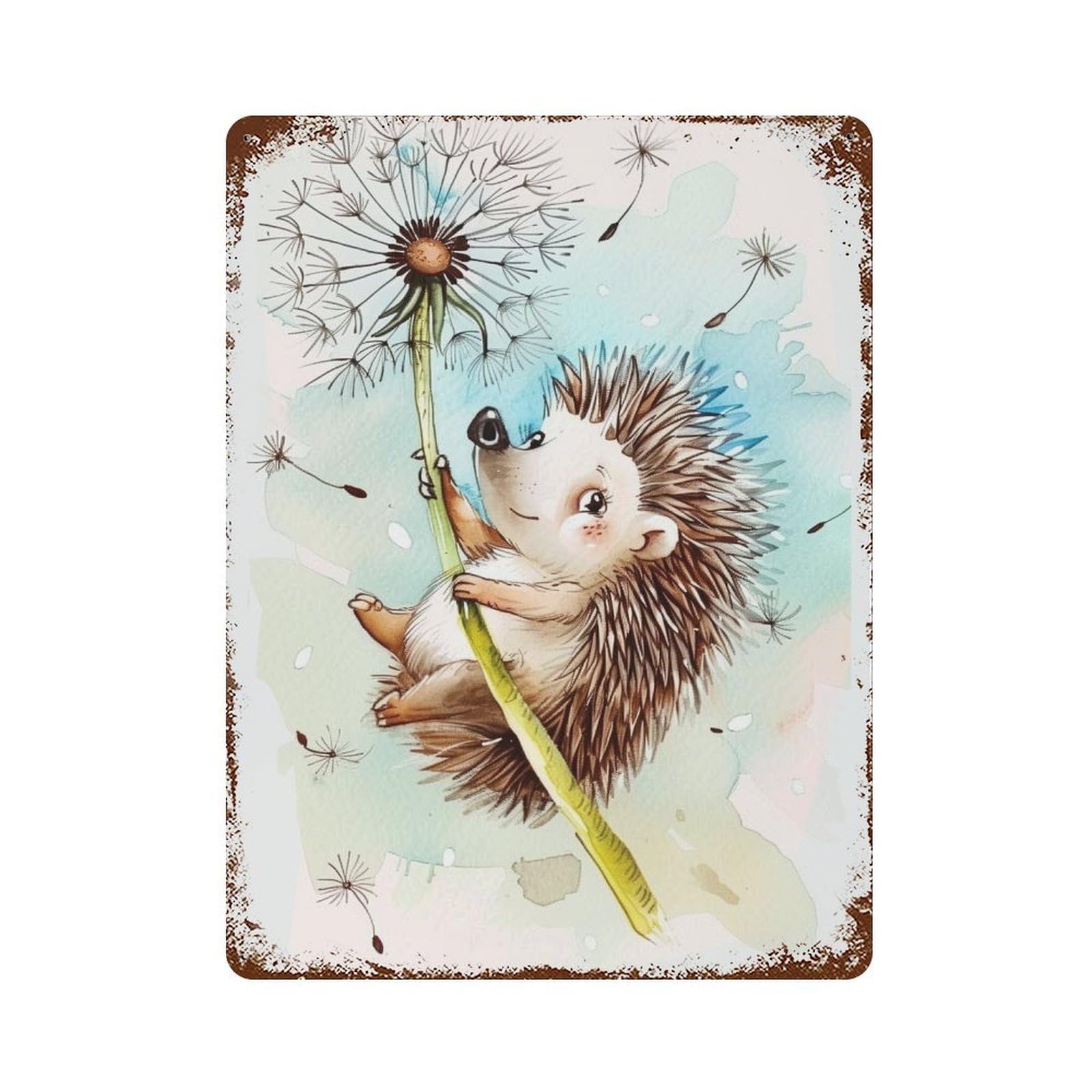 Distressed Metal Wall Sign with Hedgehog with Dandelion Seed Design 15.7"x11.8", for Garage, Bar And Workshop Decor, Vintage Wall Decor