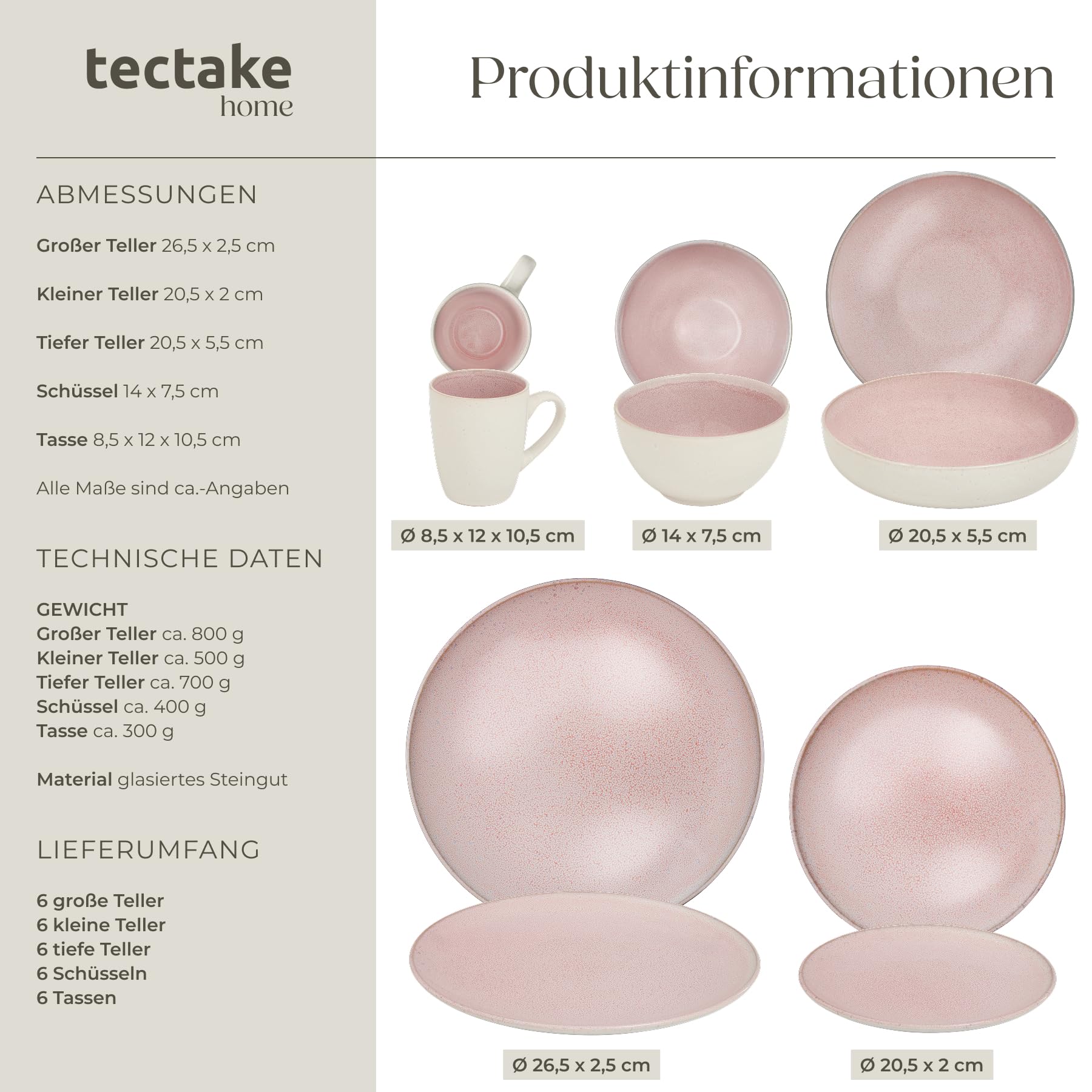 tectake® 30tlg. Kombiservice 6 Personen, Steingut Geschirrset 6 Personen, handgefertigtes Teller Set mit Schüsseln und Tassen, Geschirr Set spülmaschinen- und mikrowellengeeignet - Coral Blush