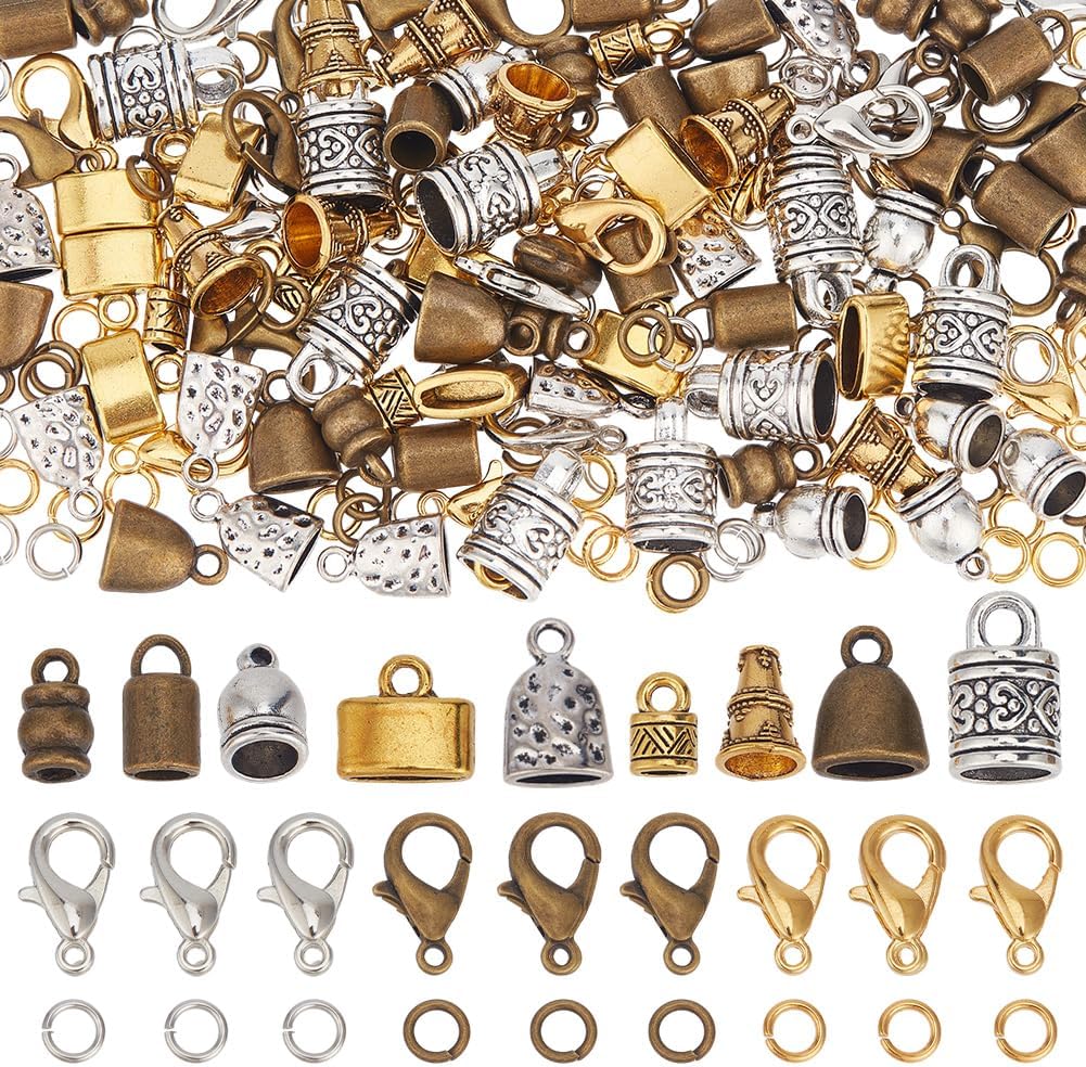 SUNNYCLUE 1 Box 210pcs Leather End Caps Kumihimo Bead Caps Vintage Antique Golden Silver Tube Barrel Rope Tassel Cord Ends Terminal Kits Lobster Clasp Open Rings for Jewelry Making Kit Women Bracelet