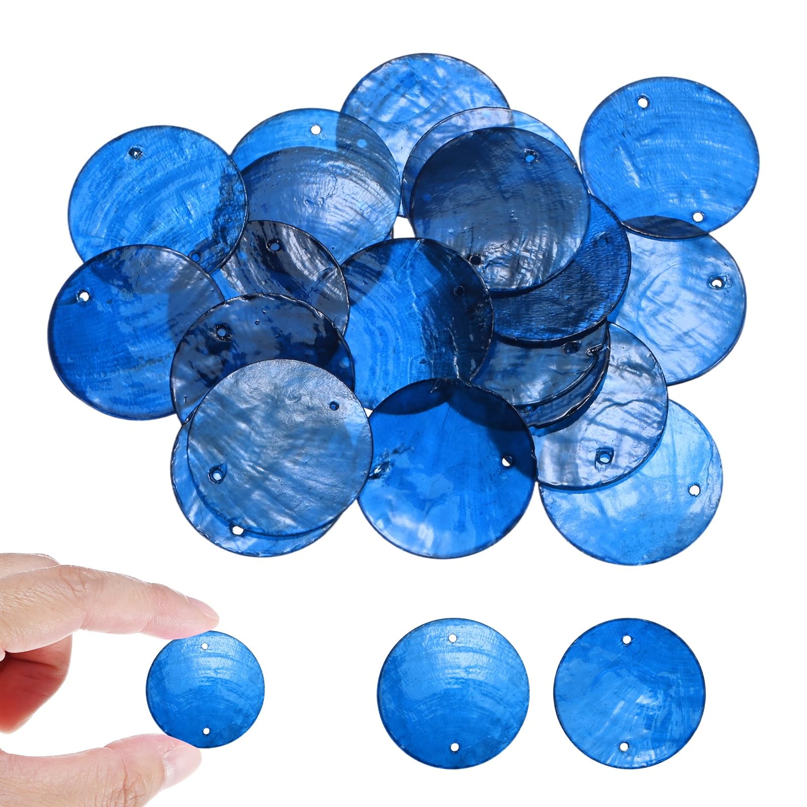 M METERXITY 50-Pack Round Capiz Sea Shells, 1.2 inch(30mm) 2 Holes Natural Shell Pieces for Wind Chimes/Seashell/Curtain Shell/DIY Craft, Flat Round Coin Bead [Sapphire]