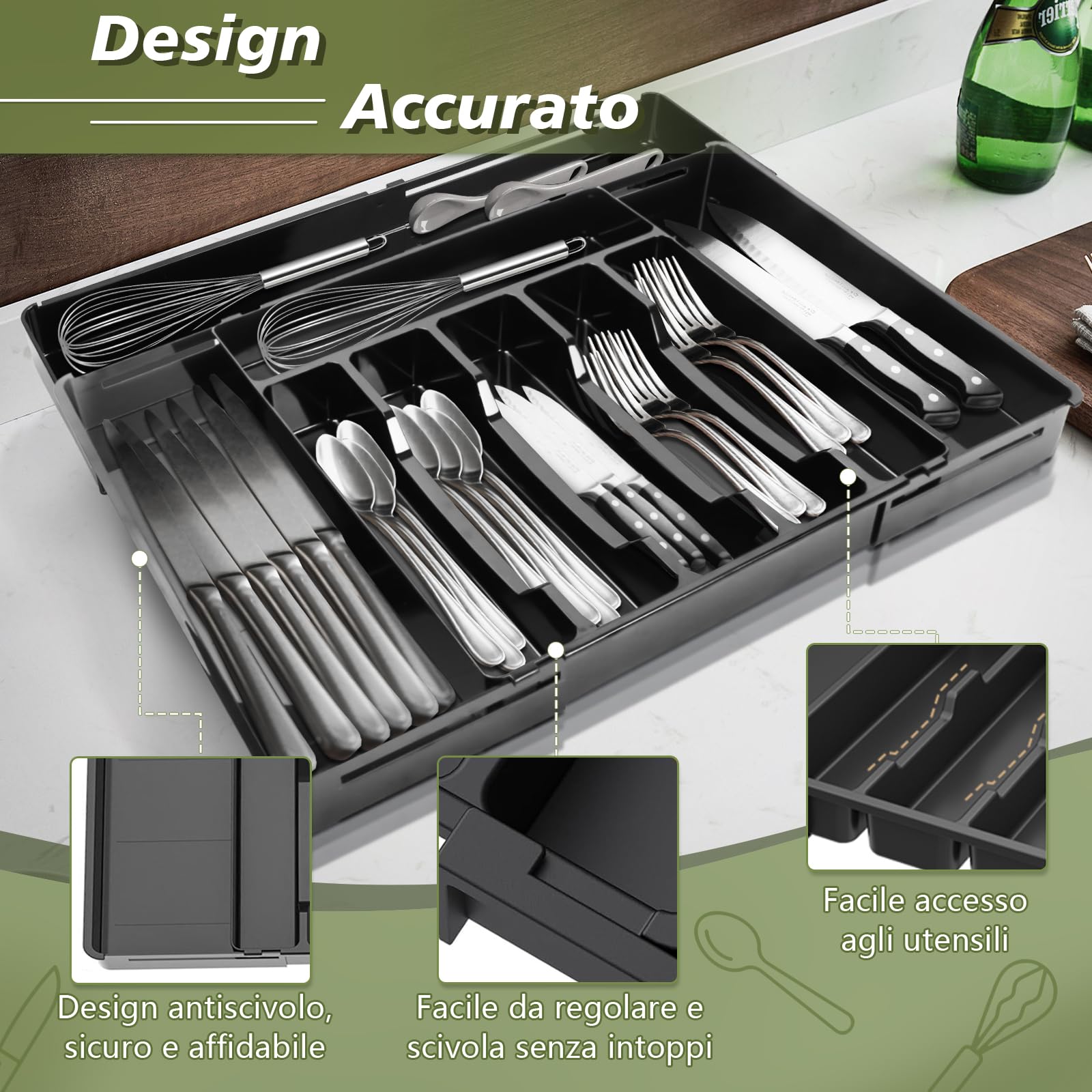 Charmofun Portaposate da Cassetto, Organizer Cucina Espandibile con 9 Scomparti, Nero