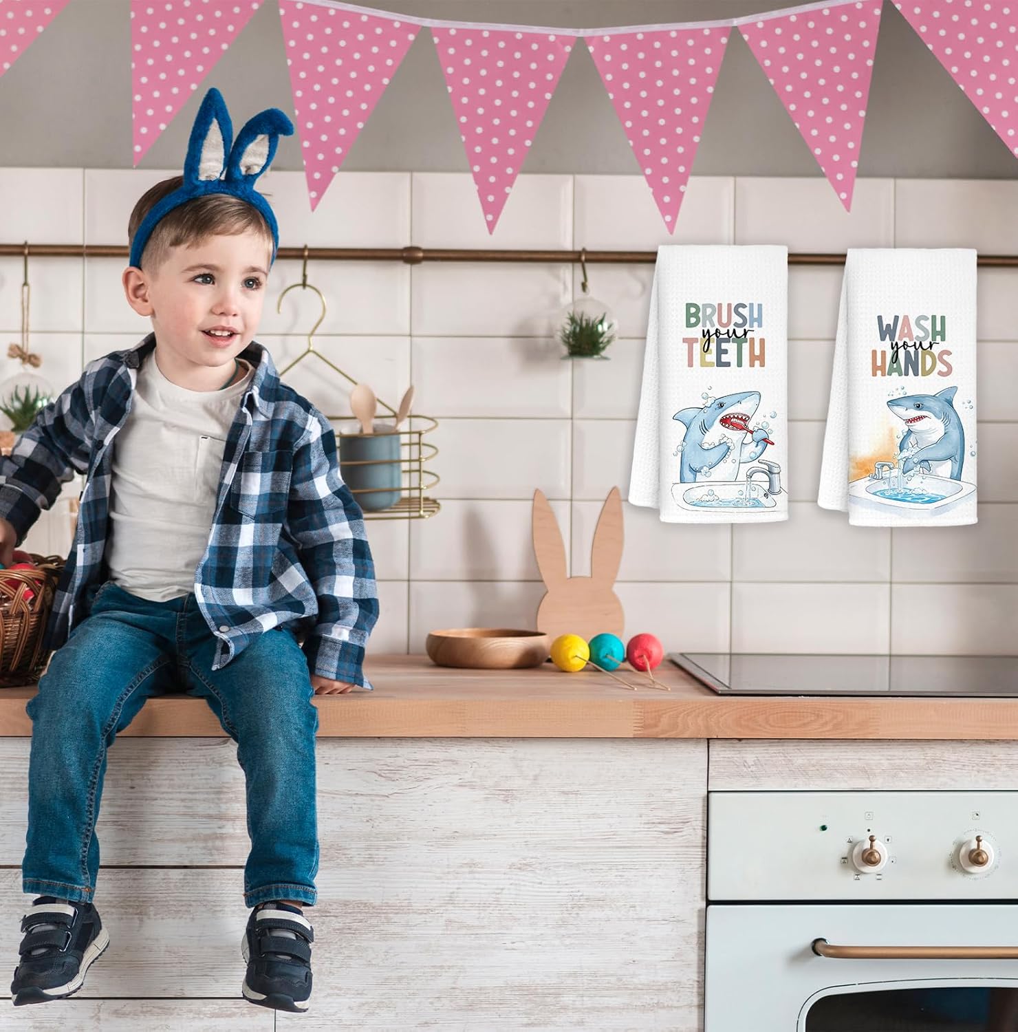 Shark Bathroom Hand Towels, Shark Bathroom Decor, Sharks Lover Gifts Decorative Hand Towels for Kids Bathrooms, Funny Coastal Beach Kitchen Towels, 16x24 Inch Set of 2 - Image 5