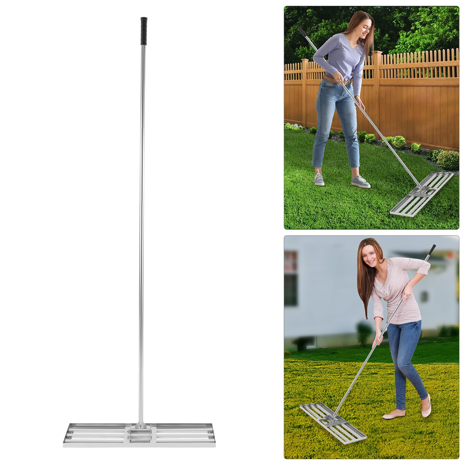Rasen-Nivellieren Harke, Garten Rasenschaber mit Stiel - Einstellbare Länge, Rasenschaber aus Edelstahl für Hof Garten, Golfplatz, Rechen Vertikutierer - Um 180° Drehbar