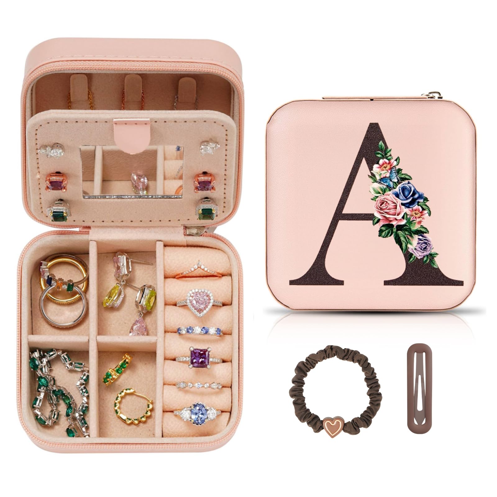 LIWEGHT Travel Jewelry Box Initial Jewelry Case Small Jewelry Case with Mirror Accessories Ring Necklace Earring Jewelry Holder Organizer Birthday Graduation Teen Girl Personalized Gifts(A)