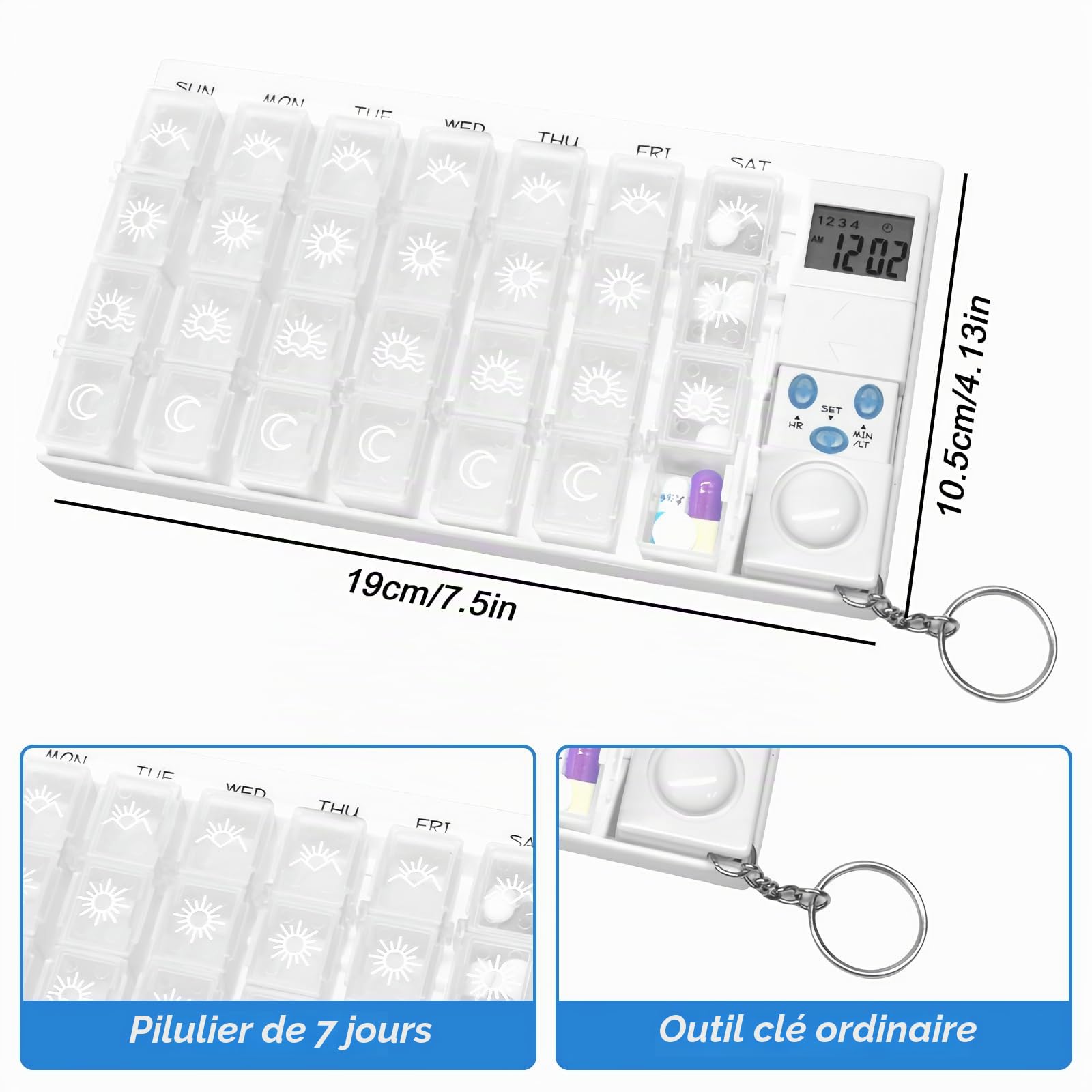 Sporgo Pilulier 7 jours avec alarme : pilulier 4 compartiments, boîte à médicaments 7 jours avec minuterie et rappel de réveil, distributeur de comprimés portable organisateur de médicaments