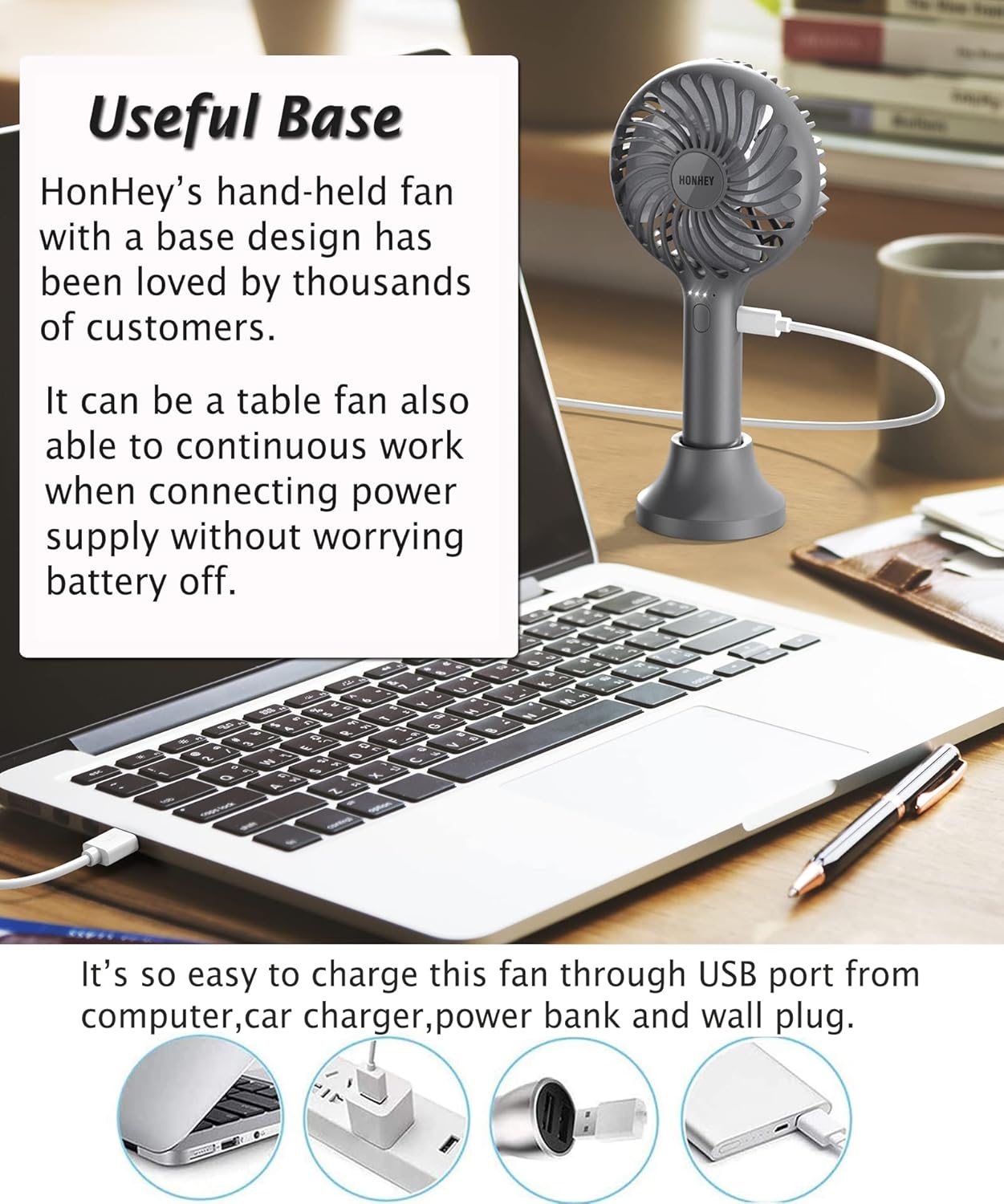 HonHey Handheld Fan Portable, Mini Hand Held Fan with USB Rechargeable Battery, 4 Speed Personal Desk Table Fan with Base, 3-10 Hours Operated Small Makeup Eyelash Fan for Women Girls Kids Outdoor : Home & Kitchen