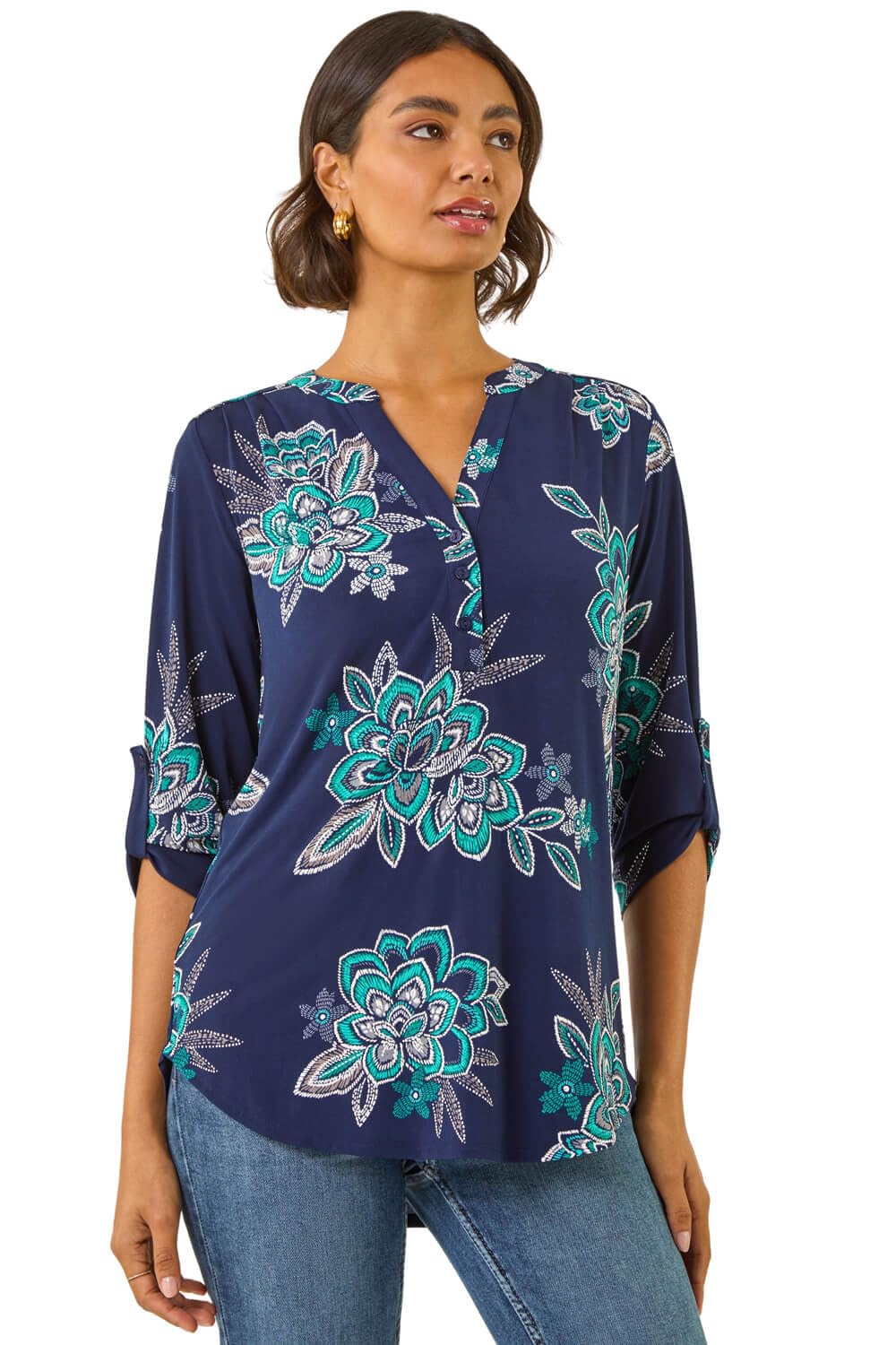 Roman Women's Dark Navy Floral Puff Print Stretch Shirt In | : Size 18