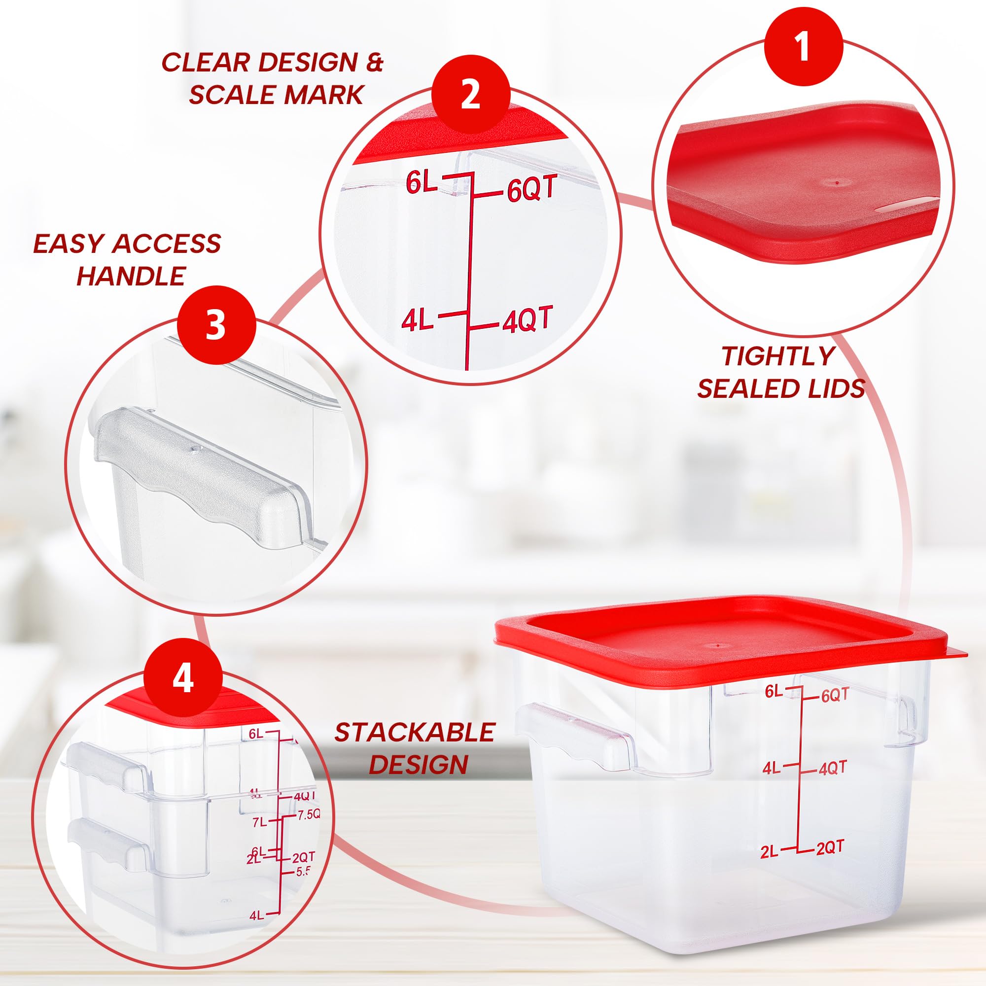Lot de 4 boîtes de conservation alimentaire de 6 litres avec couvercles, organisation alimentaire NSF, carrées, transparentes, polycarbonate