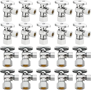 20 Pack Lidertik 5/8 inch Compression for 1/2 inch Normal Pipe Angle Stop Valve 1/2 inch x 3/8 inch Compression for Water Toilet Bathroom Sink Brass Plated Chrome 1/4 Turn Valve JF-COMP-A20 PCS