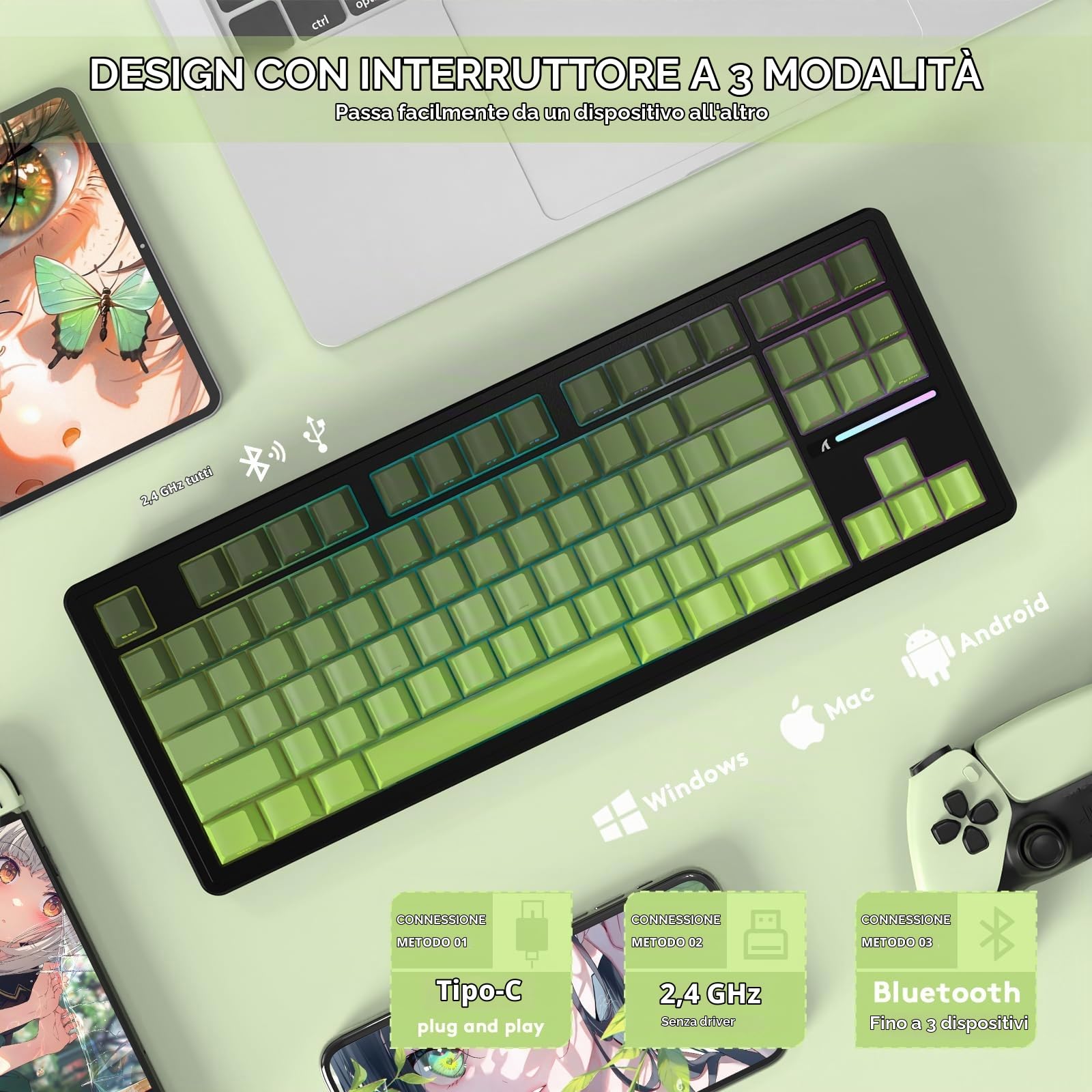 LexonElec x ATTACK SHARK M87 Tastiera da Gioco Wireless 75%, BT5.0/2,4GHz/Cablata, 27 RGB Backlit, Tastiera Meccanica TKL, Hot-swap Linear Switch, QWERTY Copritasti PBT con Stampa Sfumato-Nero/Verde