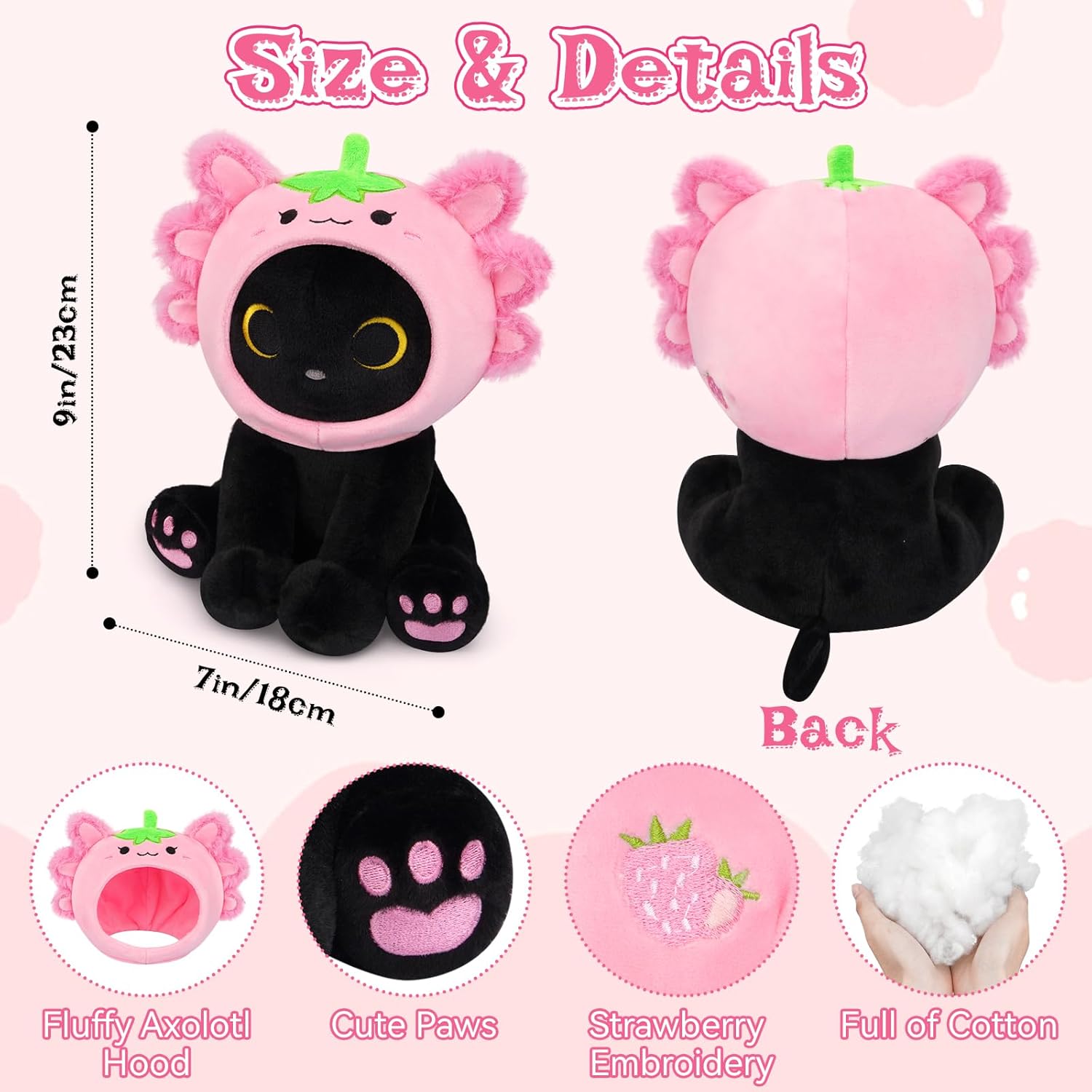 Axolotl Plush Toy, 8inch Kawaii Black Cat Wear Strawberry Plush Removable Hood, Cute Plushies Soft Stuffed Animal Doll, Valentine's Day Birthday Gift for Kids Boys Girls Adults