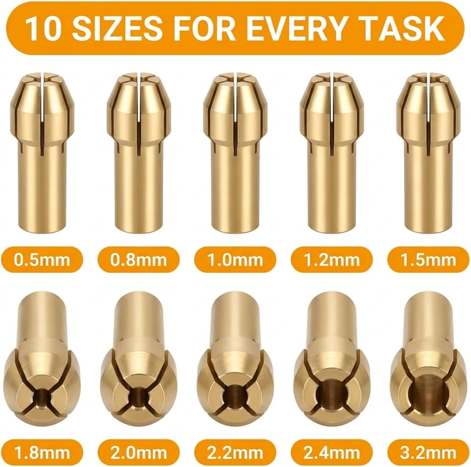 Drilax Brass Collet Set for Rotary Tool, 10 Pc 0.5mm to 3.2mm Sizes, 5/32 Inch Shank, Precision Fit for Micro Drill Bits Engraving Polishing Accessories