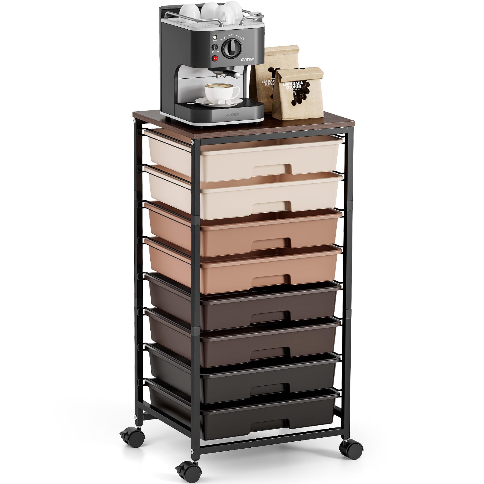 Rolling Carts with Wheels, Utility Cart with 8 Drawers and Wooden Tabletop, Storage Cart for Office Organization, Arts and Crafts Organizer Storage, Teacher cart for Classroom, Bedroom, Brown