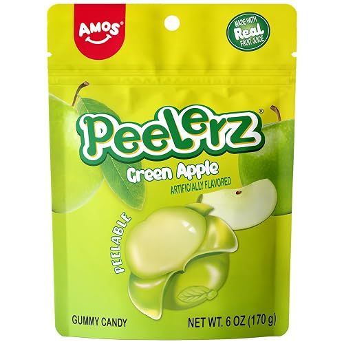 AMOS Peelerz Gummy Green Apple – Apple-Shaped Peelable Gummies, 6oz (170g), Resealable Packaging Stocking Stuffer