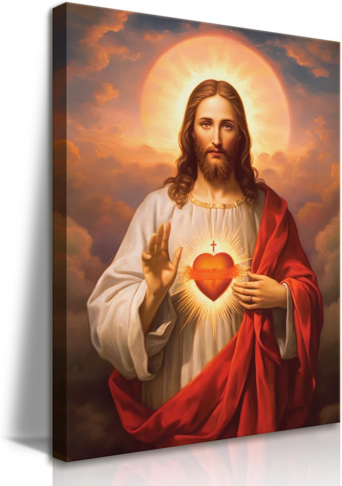 Framed Sacred Heart of Jesus Picture Wall Art Divine Mercy Picture Canvas Wall Decor Christ Jesus Portrait Poster Prints Christian Religious Artwork for Living Room Bedroom(12x16inch)