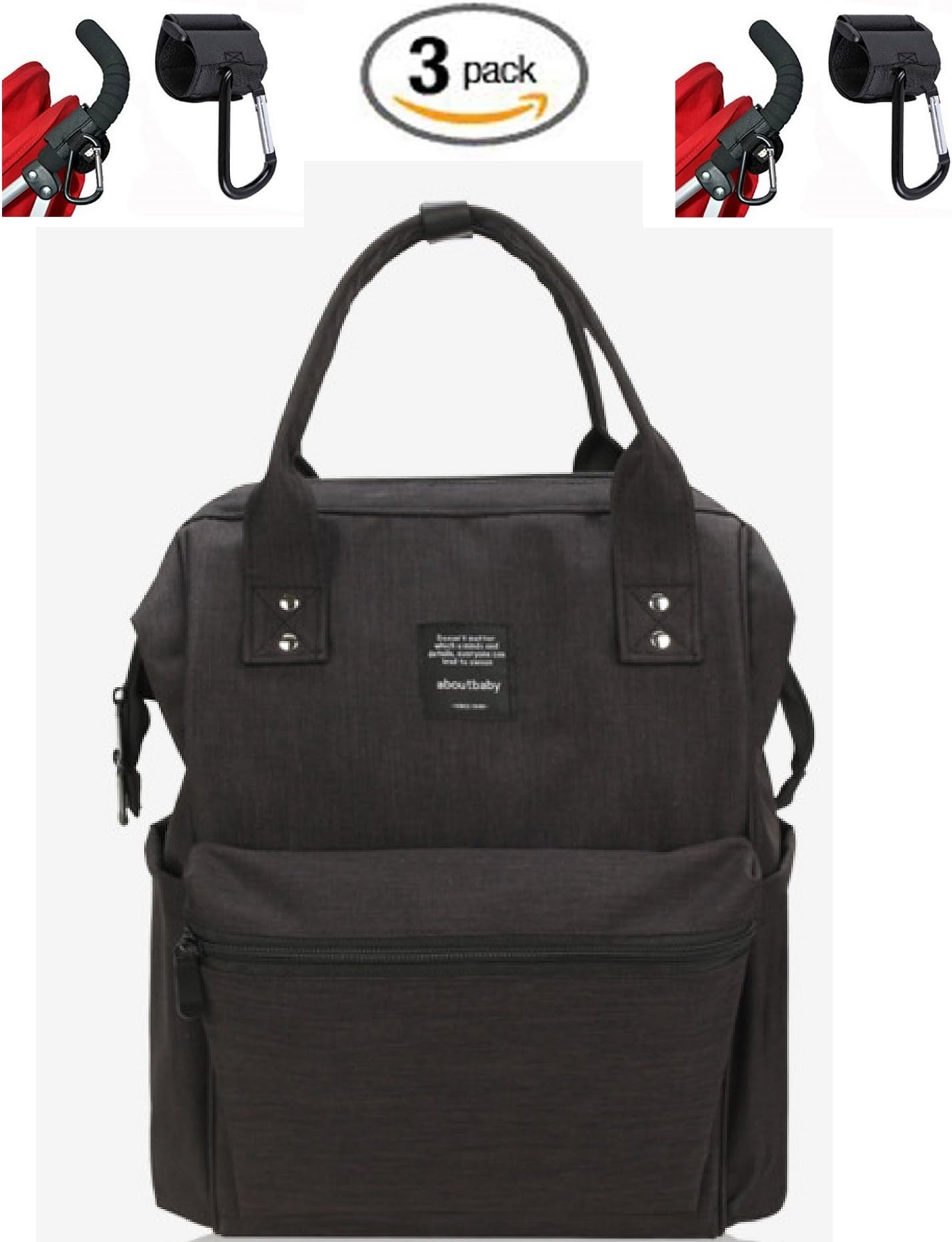 Waterproof Backpack with 2 Stroller Hooks - Durable, Stylish, Large Capacity - Diaper Bag, Maternity Travel Backpack, Multi-Function for Baby Care, Nappy Bag - Insulated Bottle Bag, 3 (Black)