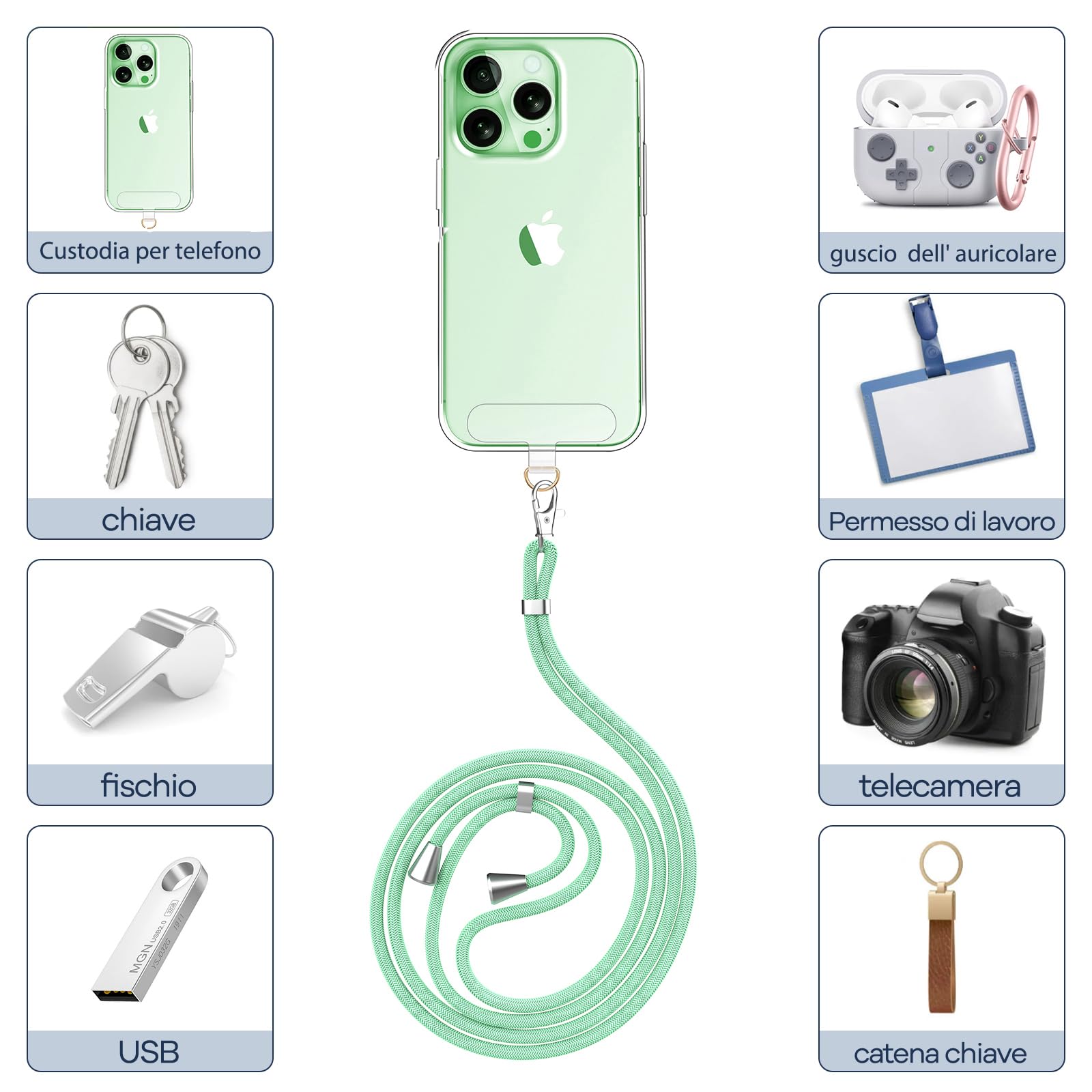 caslord Cordino per Cellulare*1, Trasparente Patch Universali*2, Adatto a Tutti Gli Smartphone, Cinturino per Cellulare Abbinabile a Qualsiasi Custodia, Regolabile e Rimovibile - Verde menta