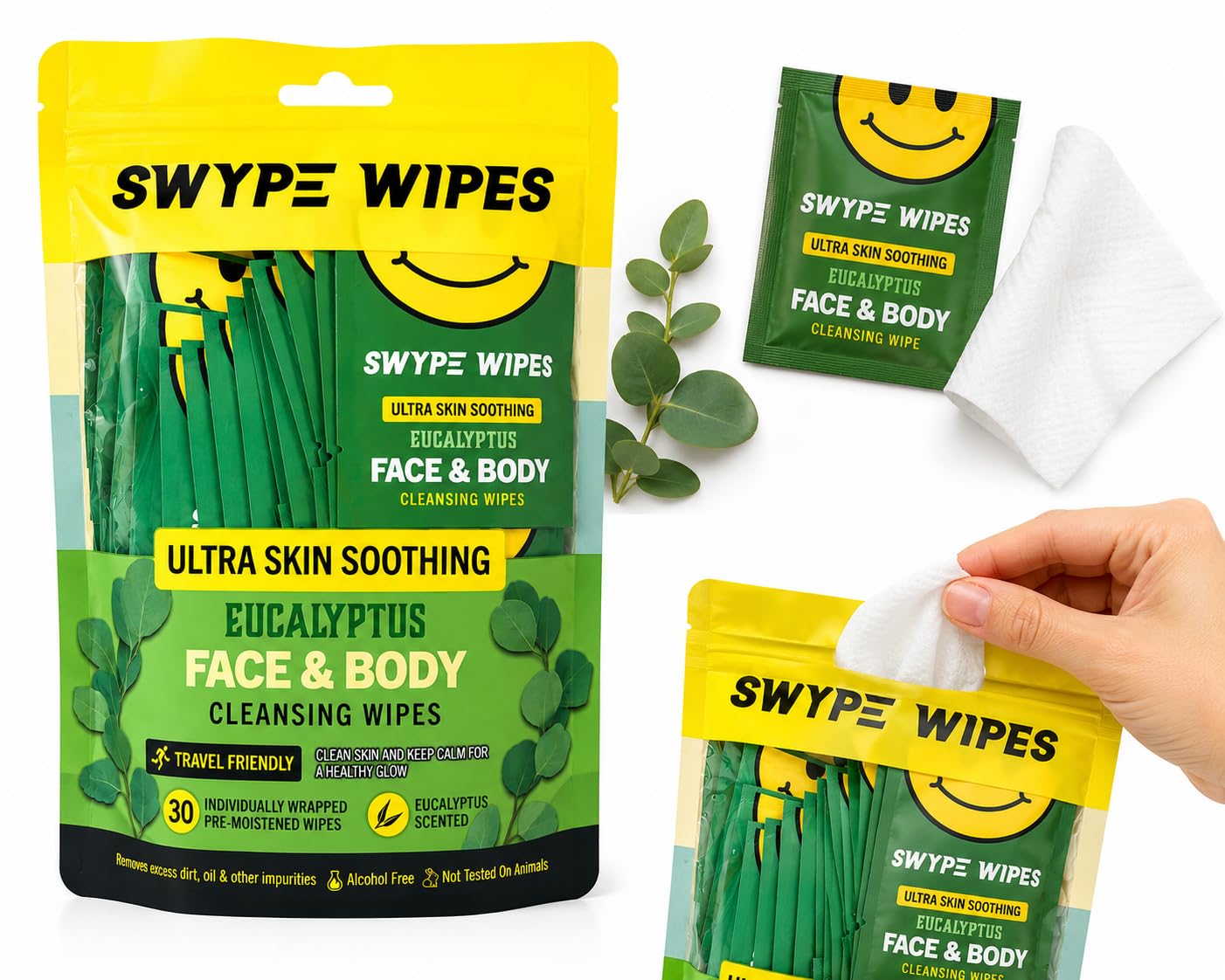 SWYPE WIPES Ultra Skin Soothing Eucalyptus Face & Body Cleansing Wipes, Removes Dirt, Oil & Impurities, Alcohol Free, Travel Friendly, 30 Individually Wrapped Pre-Moistened Wipes