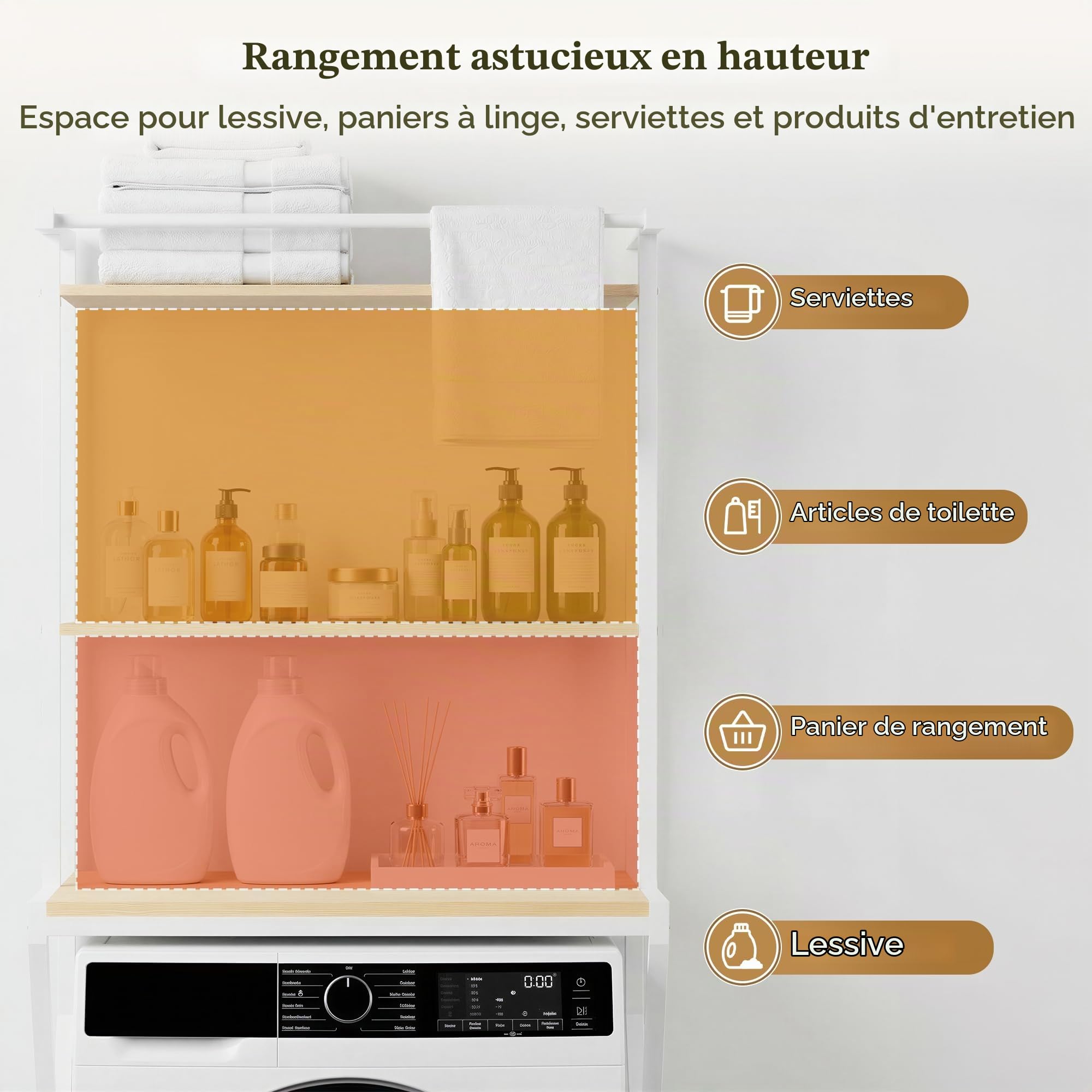 APICIZON Étagère Machine à Laver avec Porte-Serviettes, 3 Niveaux