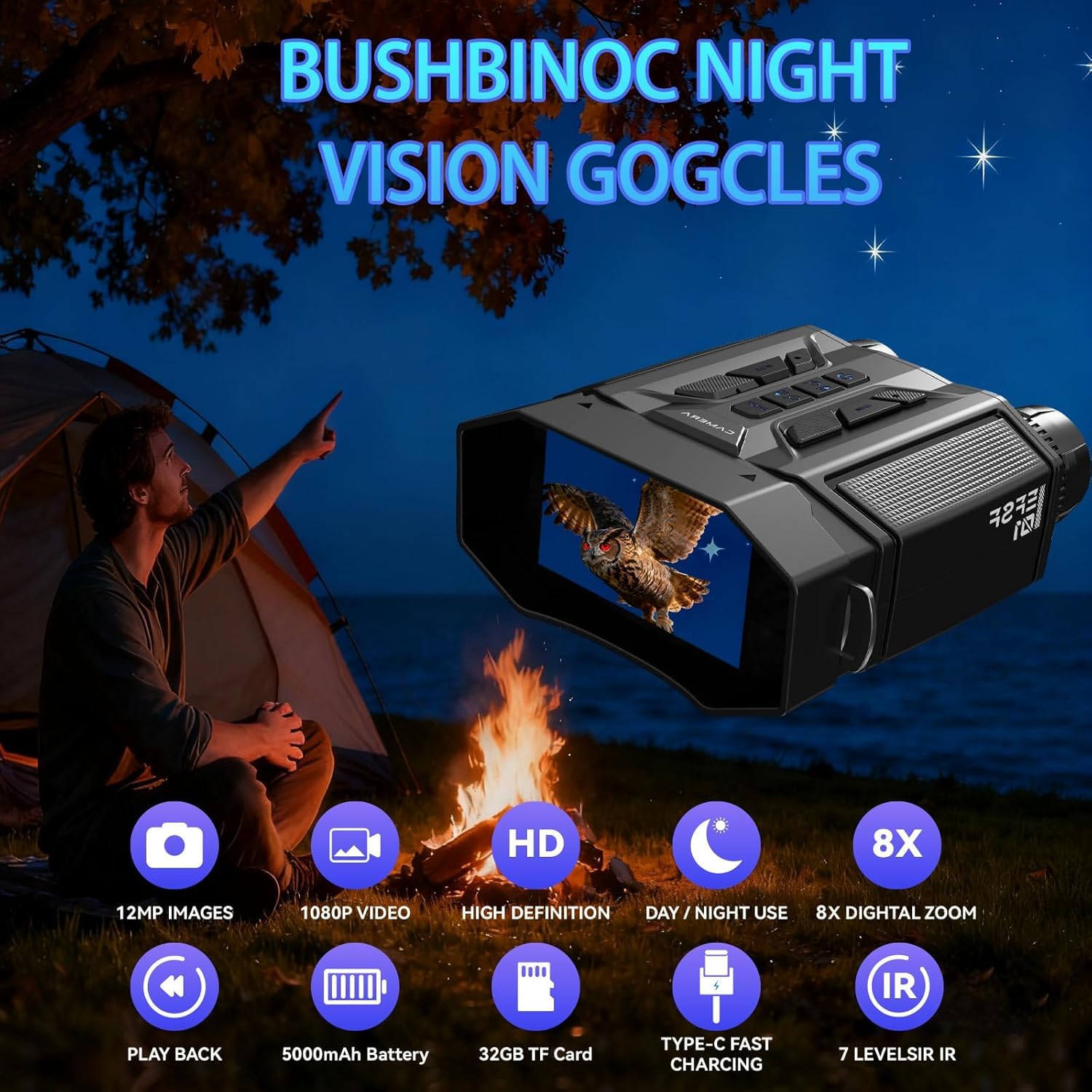 Lunettes de vision nocturne, zoom 8x, IR 7 niveaux, batterie rechargeable de 4000 mAh, écran HD de 3", carte blanche de 32 Go pour enregistrer des photos et des vidéos, 330 m pour la chasse, le