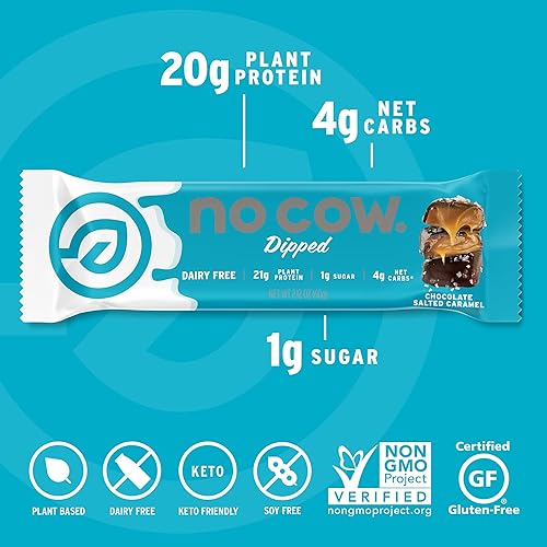 Vista 2 de No Cow - Barras de proteína recubiertas, 20 gr. de proteína vegetal, bajas en azúcar, carbohidratos y calorías, no gluten, lácteos ni OGM