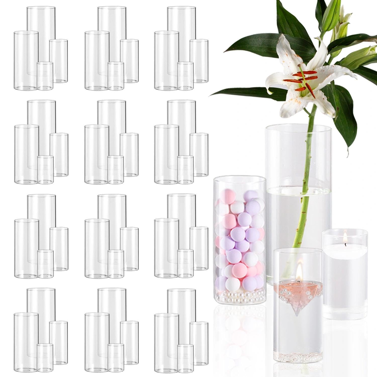 Glass vase set, Set of 48, Cylindrical shape, Transparent, for roses and tulips, Modern table decoration, Flower vase for wedding and living room (10, 15, 20, 25 cm, 48 PCS) — image 1