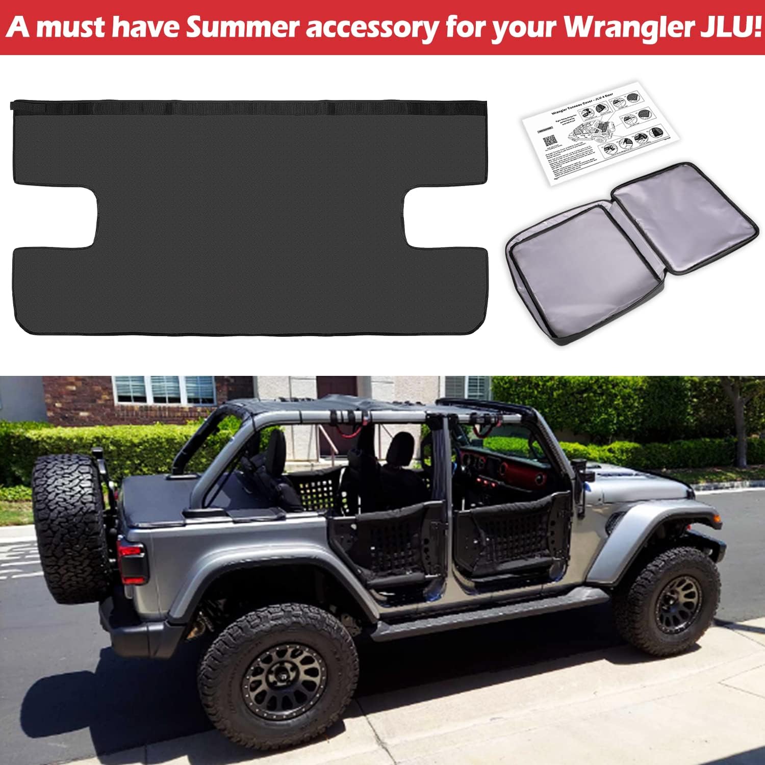 Tonneau Cover fit for Jeep Wrangler JLU (2018-2024) Upgraded 4 Door Rear Trunk Cargo Security Shade Luggage Privacy JLU Tailgate Ton Vinyl Cover Black